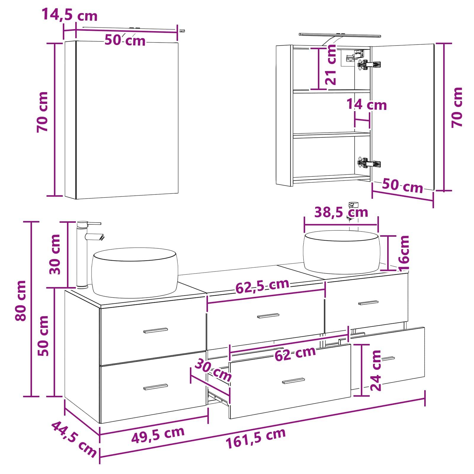 vidaXL Badezimmermöbel-Set 5 pcs Schwarze Eiche Ingenieurholz und Glas
