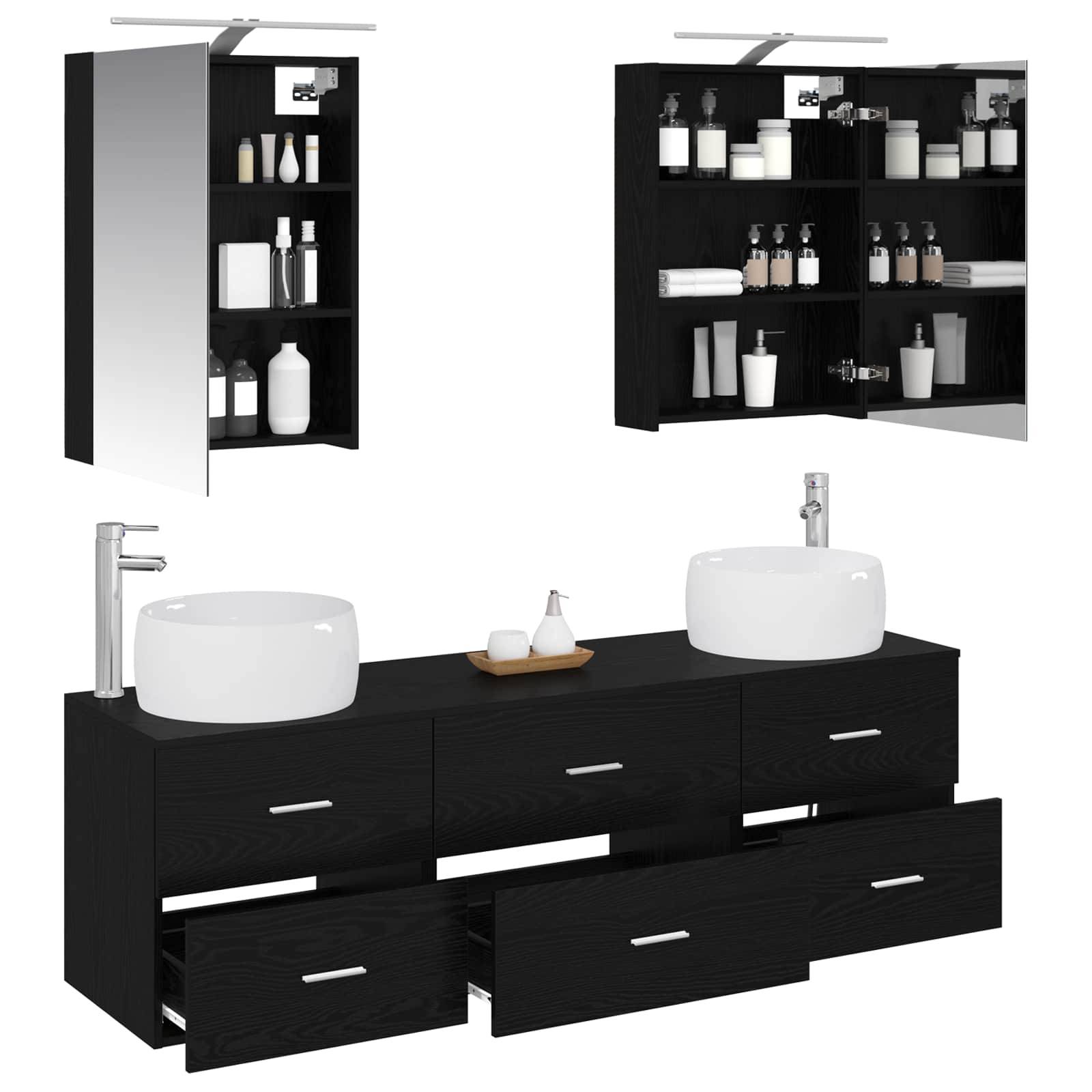 vidaXL Badezimmermöbel-Set 5 pcs Schwarze Eiche Ingenieurholz und Glas