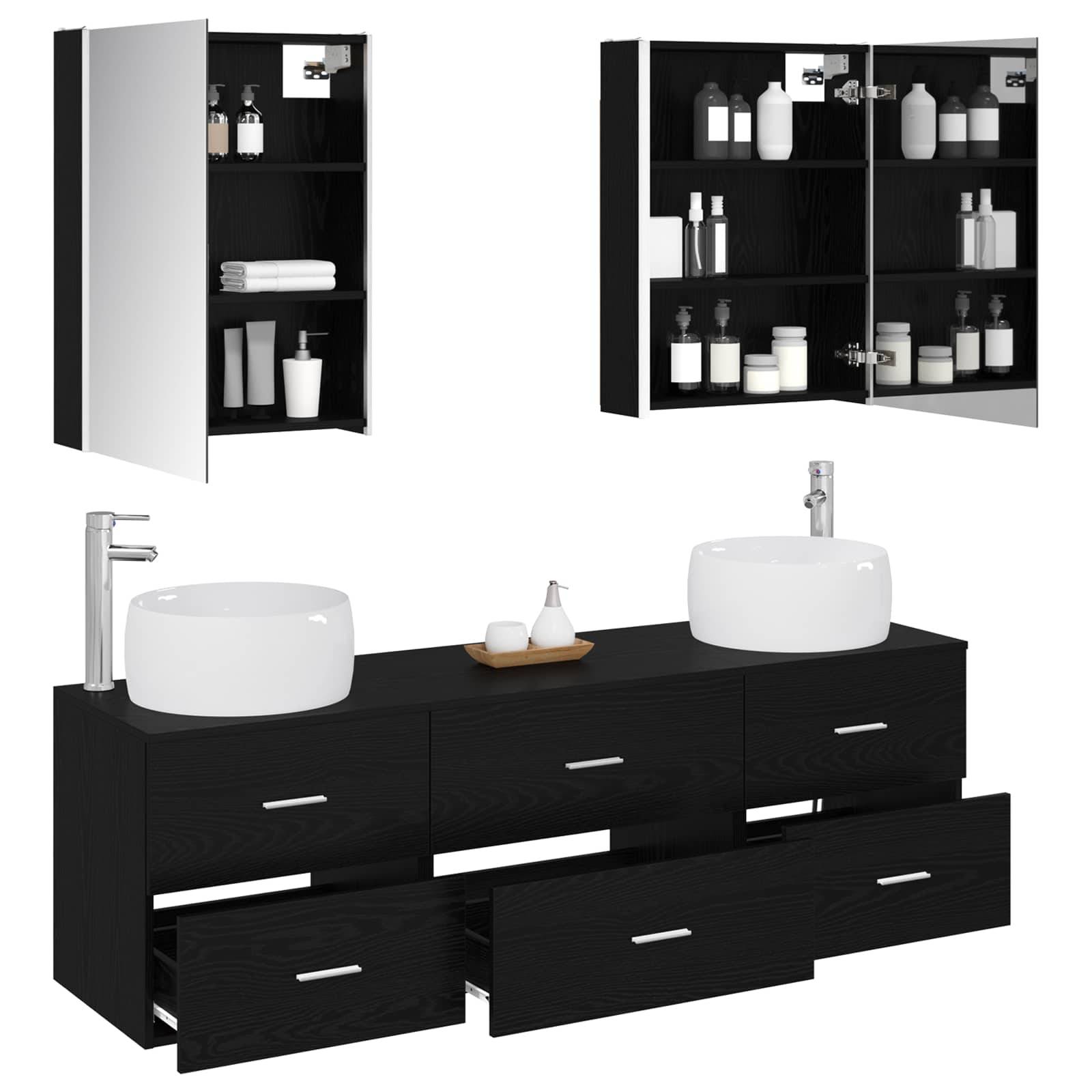 vidaXL Badezimmermöbel-Set 5 pcs Schwarze Eiche Ingenieurholz und Glas