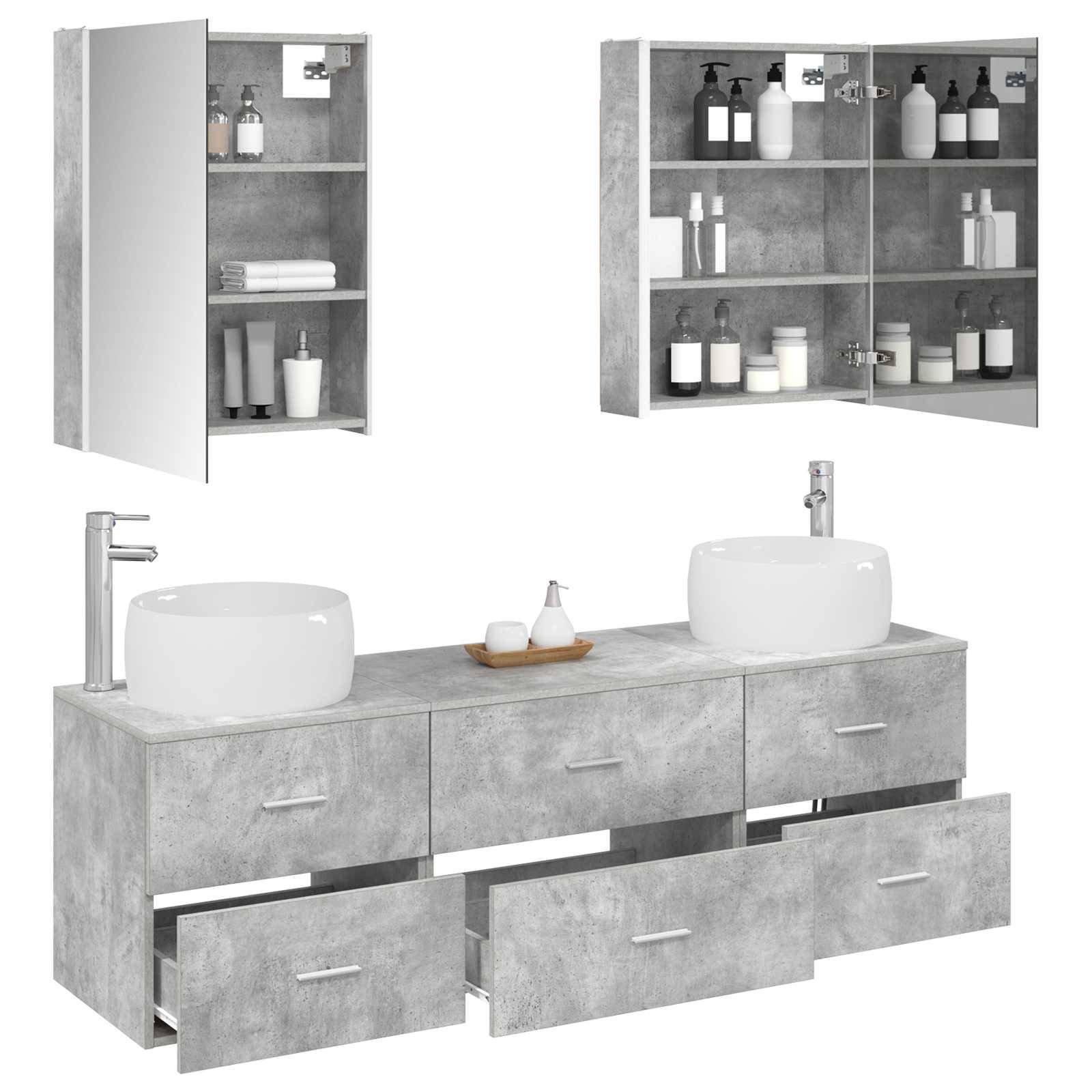 vidaXL Badezimmermöbel-Set 5 pcs Betongrau Ingenieurholz und Glas