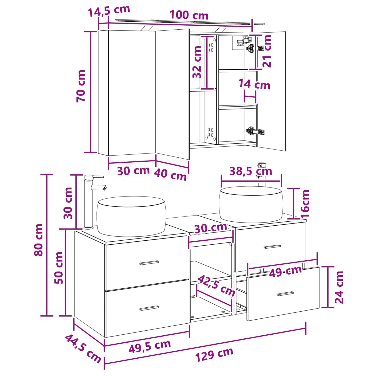 vidaXL Badezimmermöbel-Set 4 pcs Schwarze Eiche Ingenieurholz und Glas