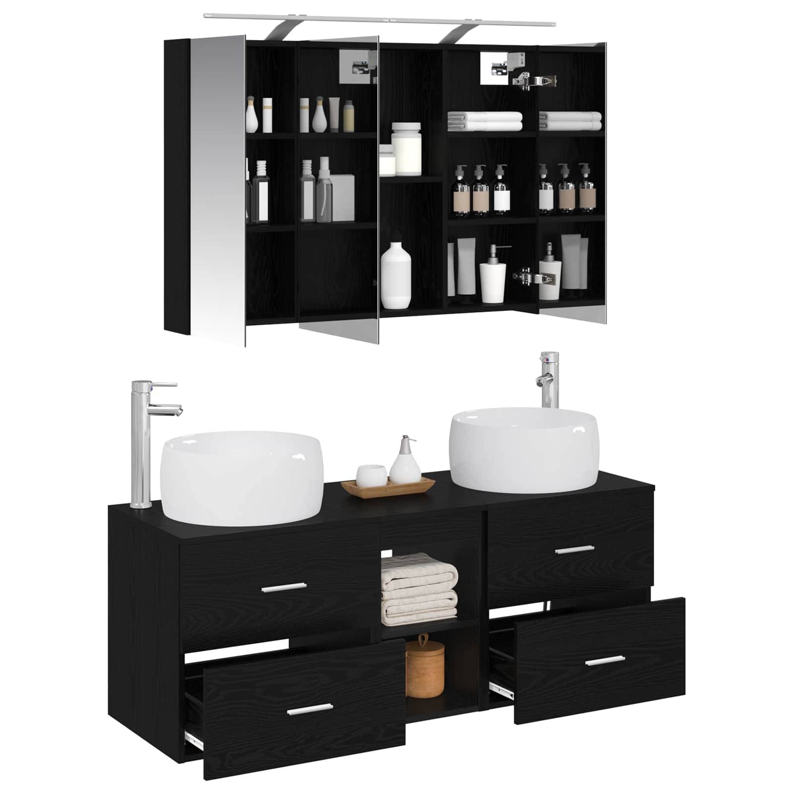 vidaXL Badezimmermöbel-Set 4 pcs Schwarze Eiche Ingenieurholz und Glas