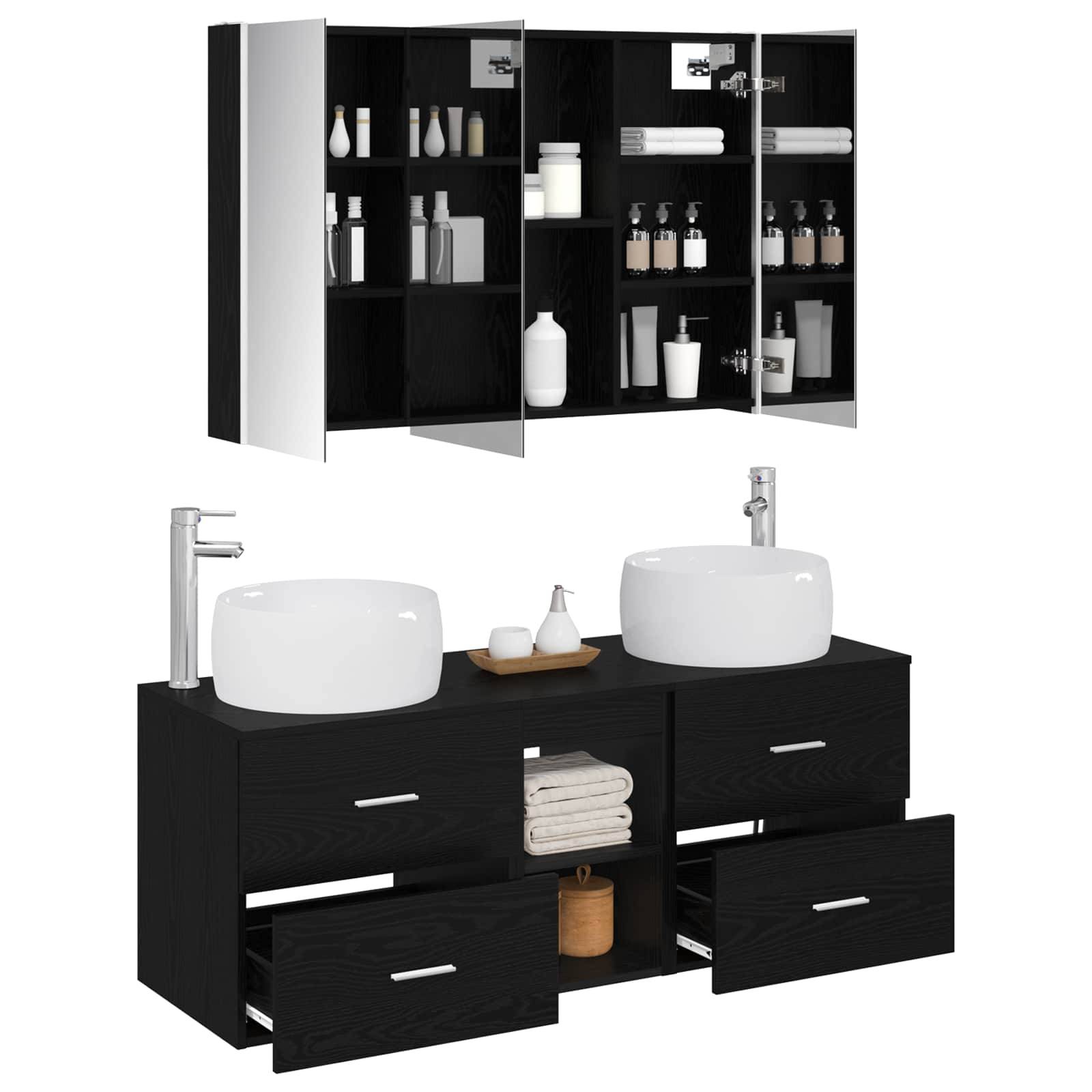 vidaXL Badezimmermöbel-Set 4 pcs Schwarze Eiche Ingenieurholz und Glas