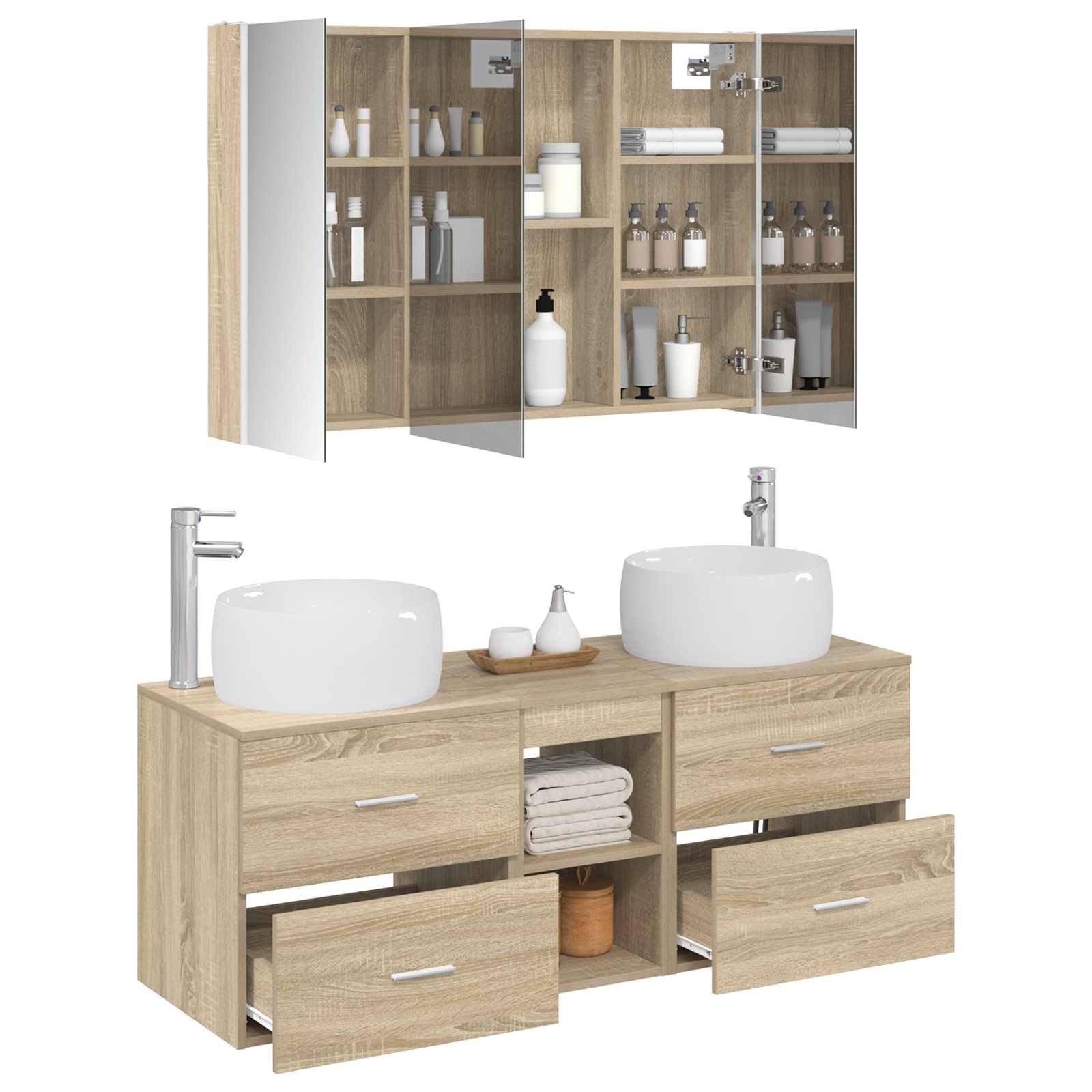 vidaXL Badezimmermöbel-Set 4 pcs Sonoma-Eiche Ingenieurholz und Glas