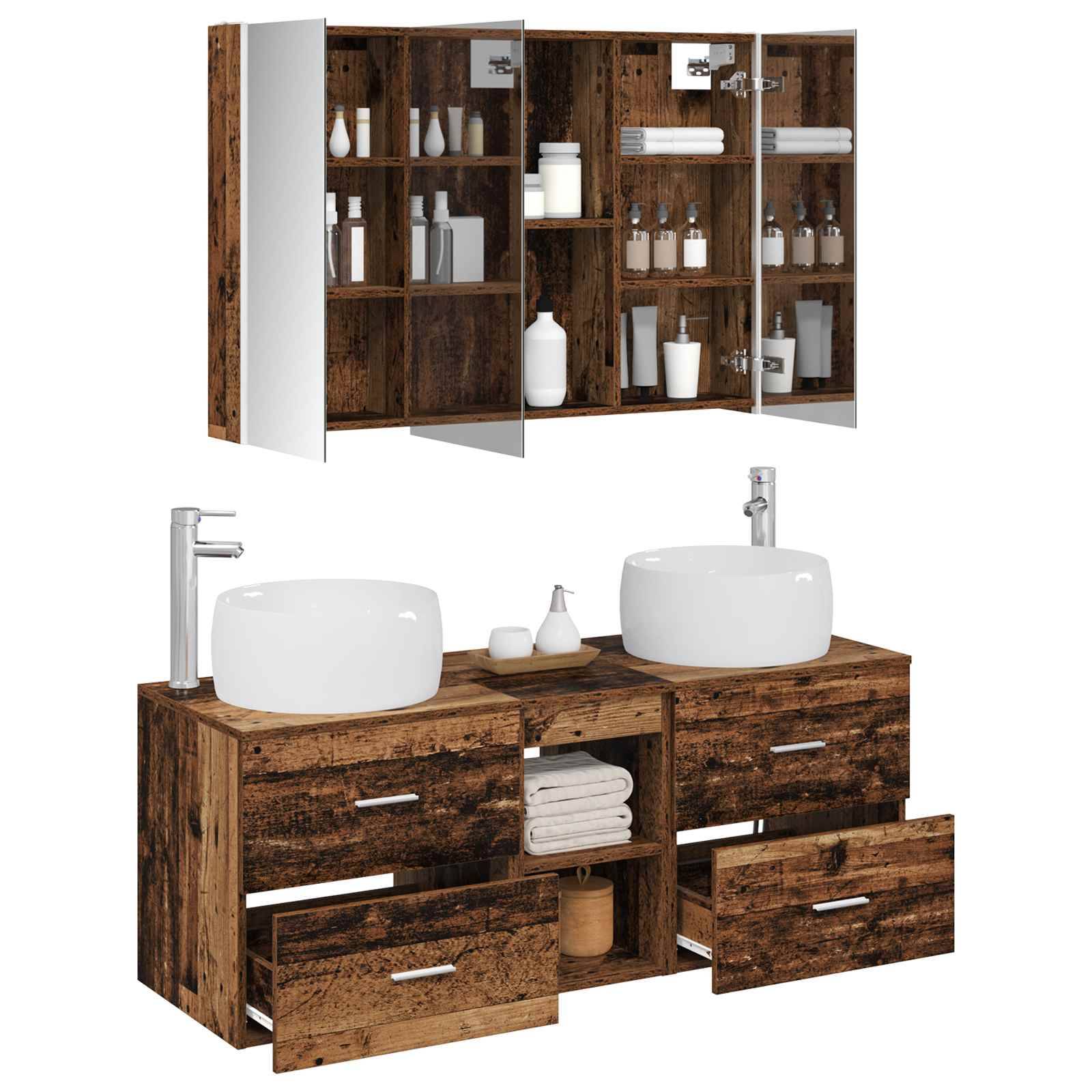 vidaXL Badezimmermöbel-Set 4 pcs Altholz Ingenieurholz und Glas