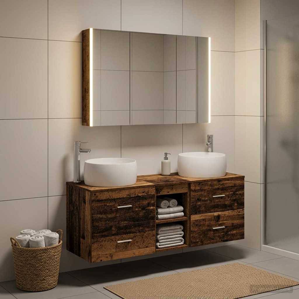 vidaXL Badezimmermöbel-Set 4 pcs Altholz Ingenieurholz und Glas