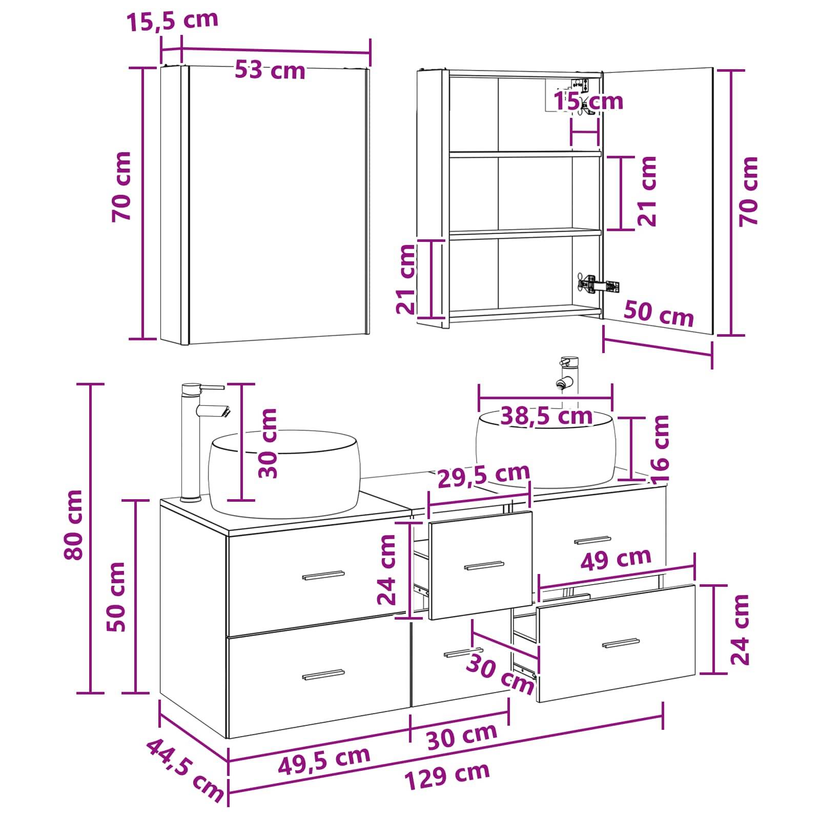 vidaXL Badezimmermöbel-Set 5 pcs Schwarze Eiche Ingenieurholz und Glas