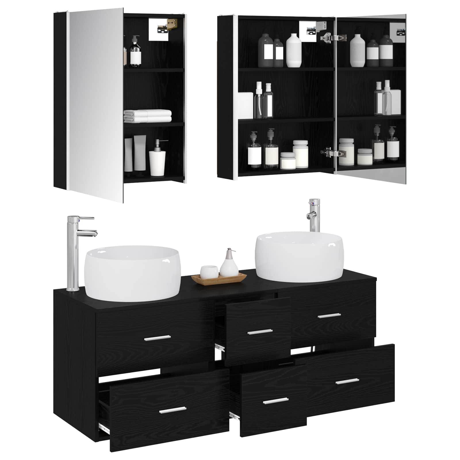 vidaXL Badezimmermöbel-Set 5 pcs Schwarze Eiche Ingenieurholz und Glas