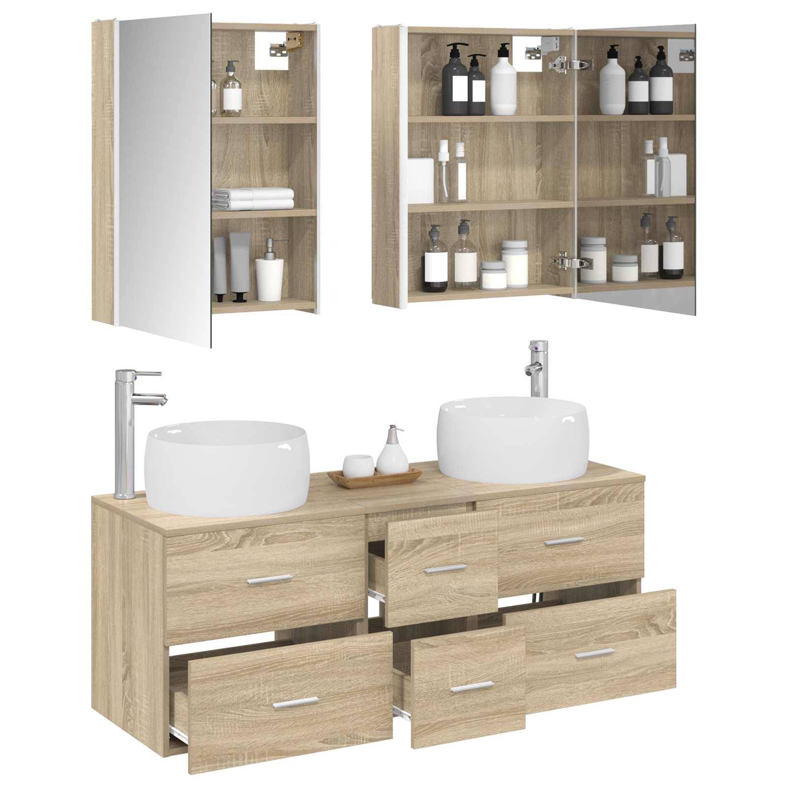 vidaXL Badezimmermöbel-Set 5 pcs Sonoma-Eiche Ingenieurholz und Glas