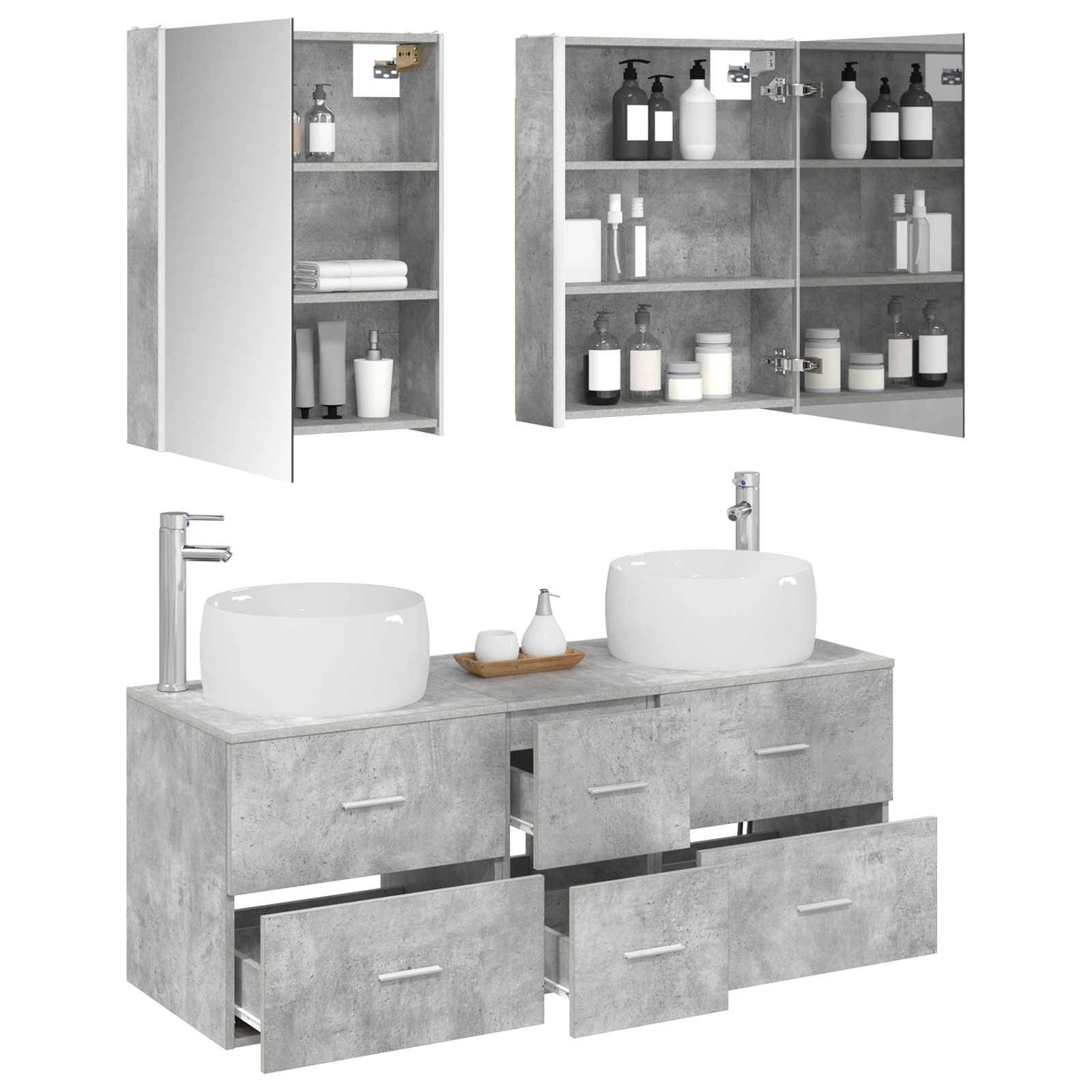 vidaXL Badezimmermöbel-Set 5 pcs Betongrau Ingenieurholz und Glas