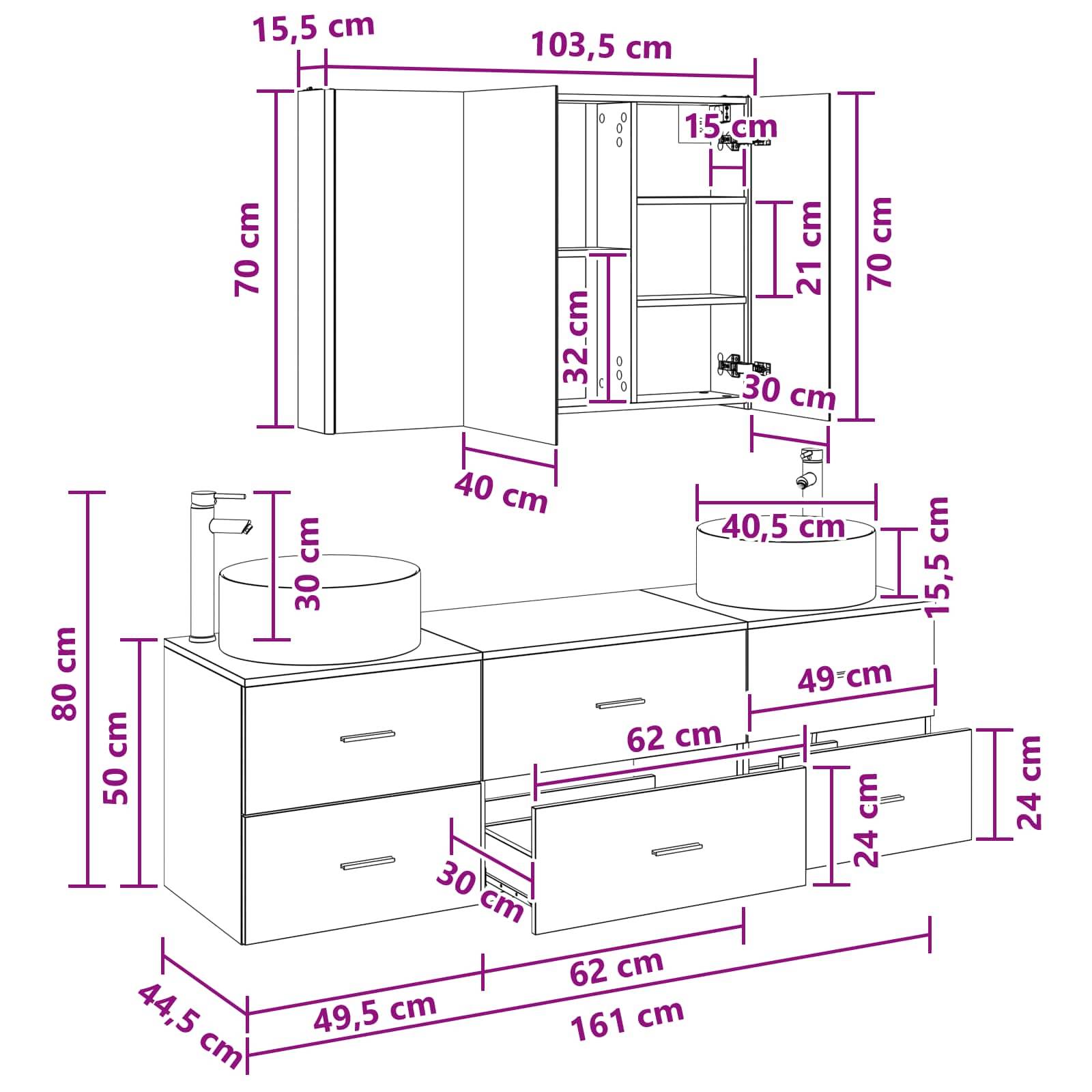 vidaXL Badezimmermöbel-Set 4 pcs Grau Sonoma Ingenieurholz und Glas