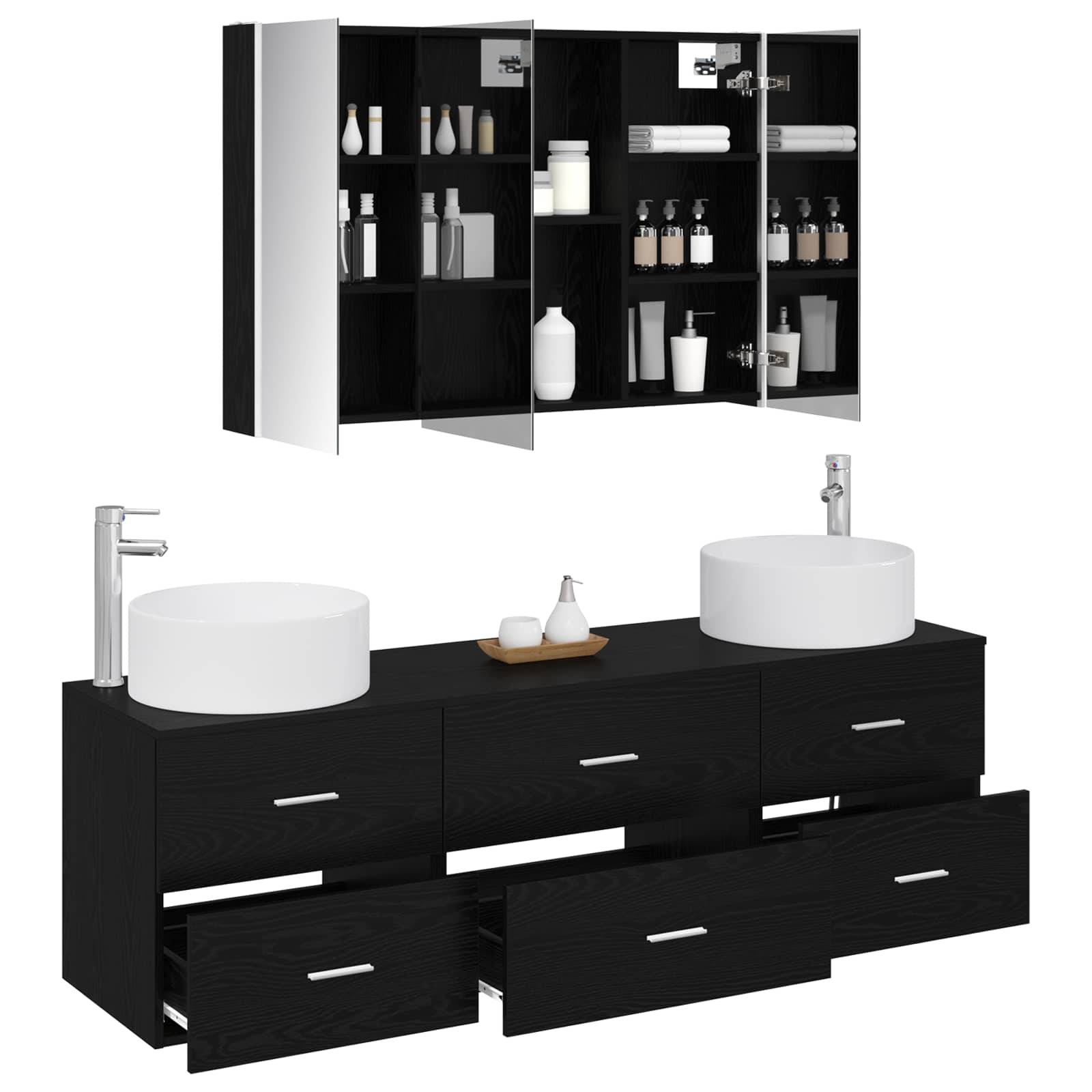 vidaXL Badezimmermöbel-Set 4 pcs Schwarze Eiche Ingenieurholz und Glas
