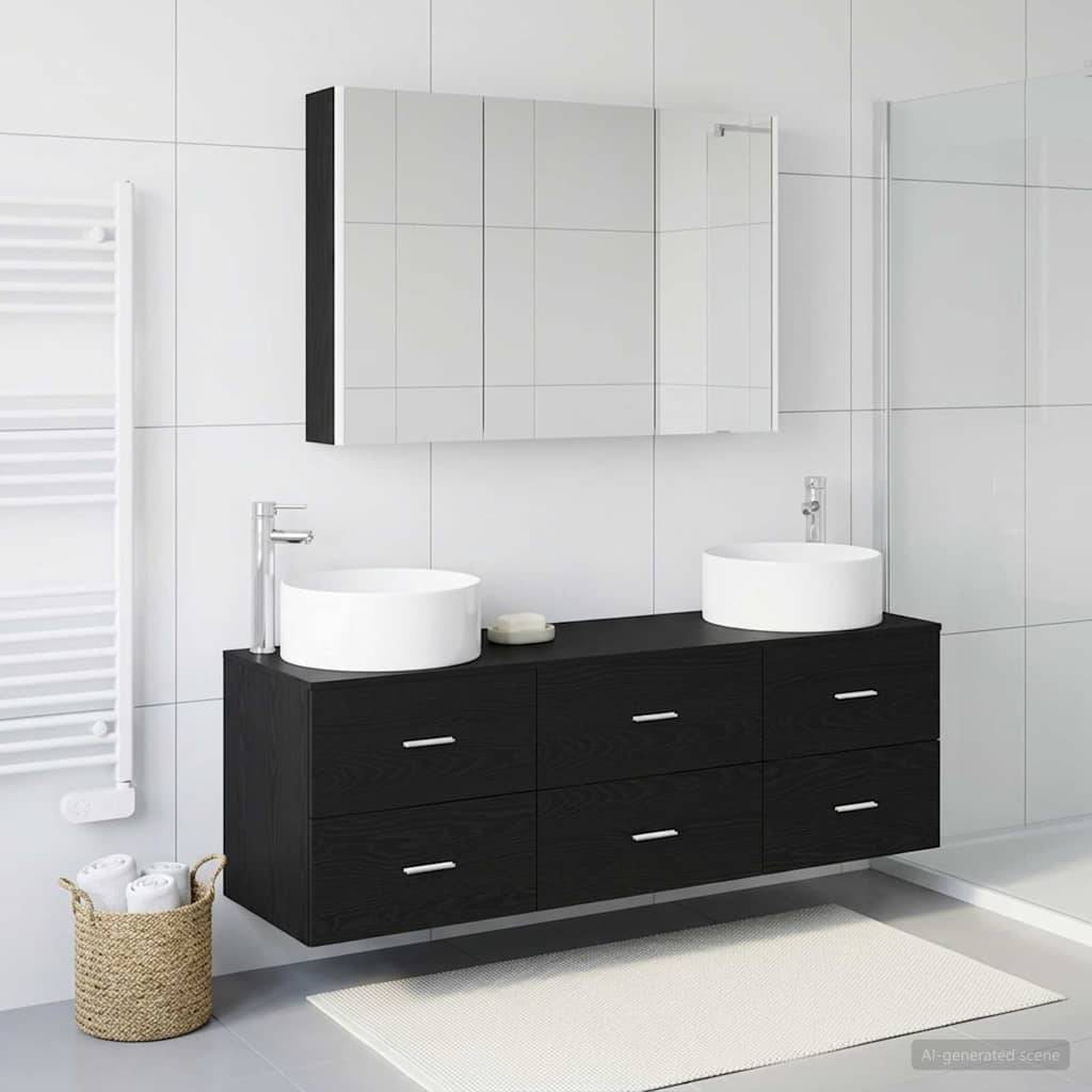 vidaXL Badezimmermöbel-Set 4 pcs Schwarze Eiche Ingenieurholz und Glas