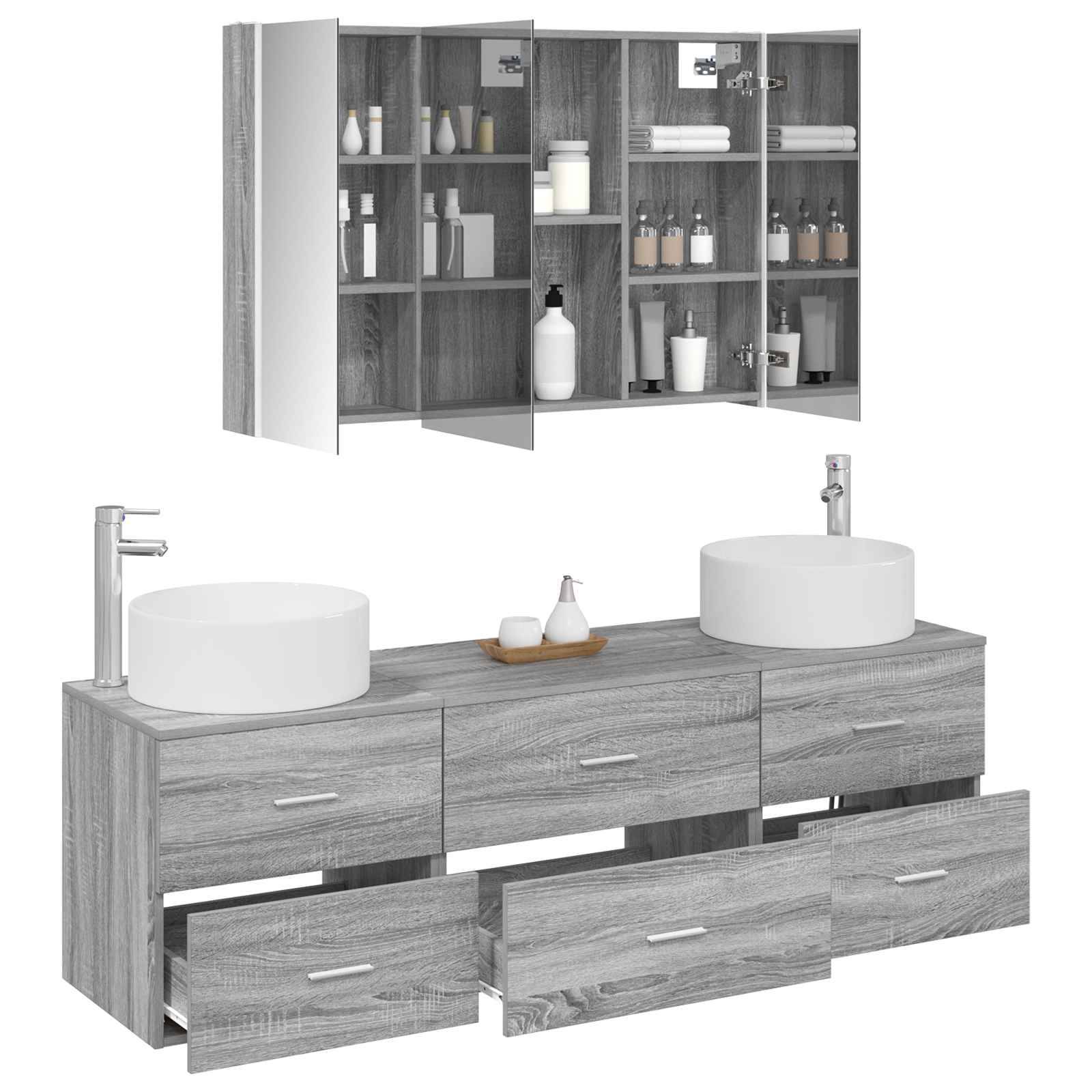 vidaXL Badezimmermöbel-Set 4 pcs Grau Sonoma Ingenieurholz und Glas