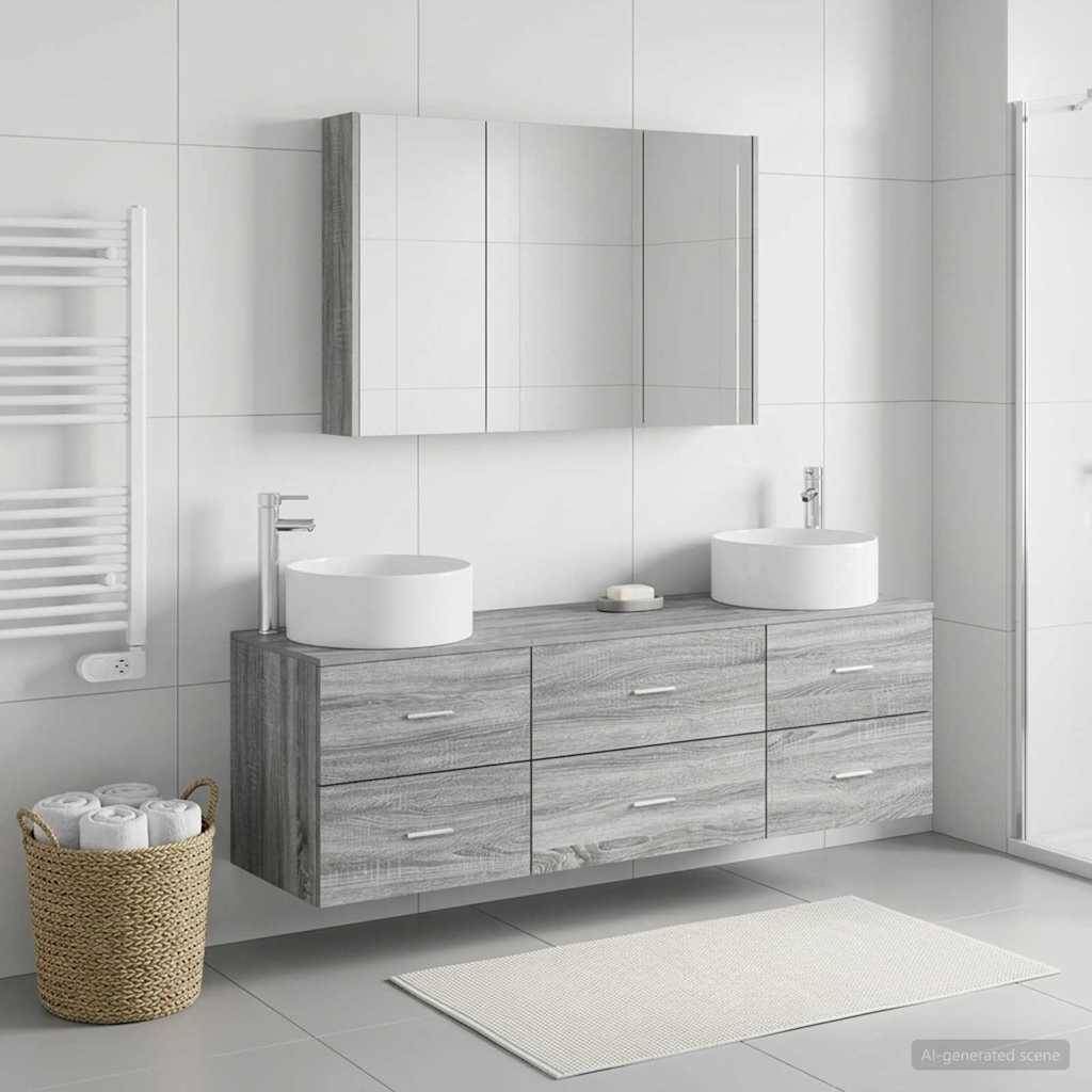 vidaXL Badezimmermöbel-Set 4 pcs Grau Sonoma Ingenieurholz und Glas