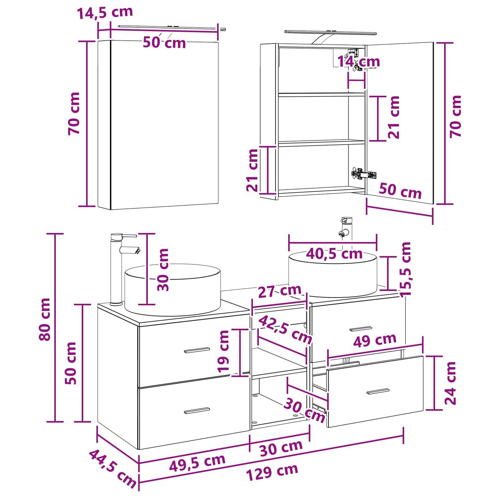 vidaXL Badezimmermöbel-Set 5 pcs Betongrau Ingenieurholz und Glas