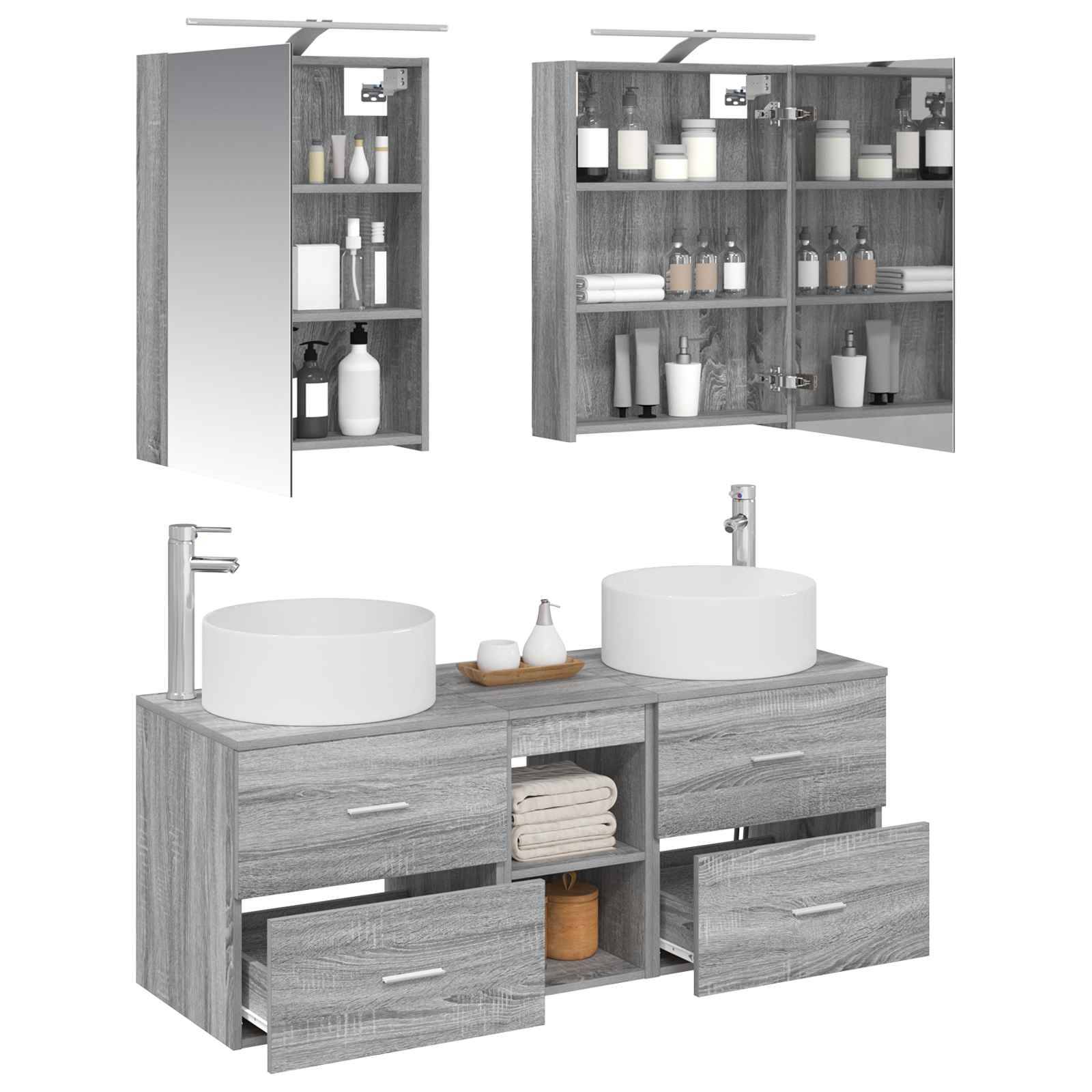 vidaXL Badezimmermöbel-Set 5 pcs Grau Sonoma Ingenieurholz und Glas