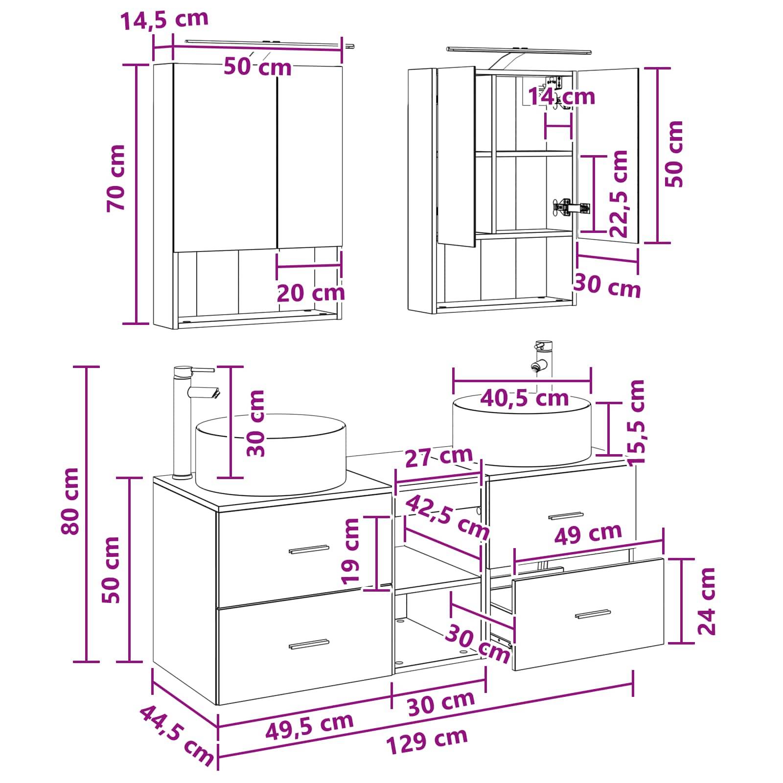 vidaXL Badezimmermöbel-Set 5 pcs Sonoma-Eiche Ingenieurholz und Glas