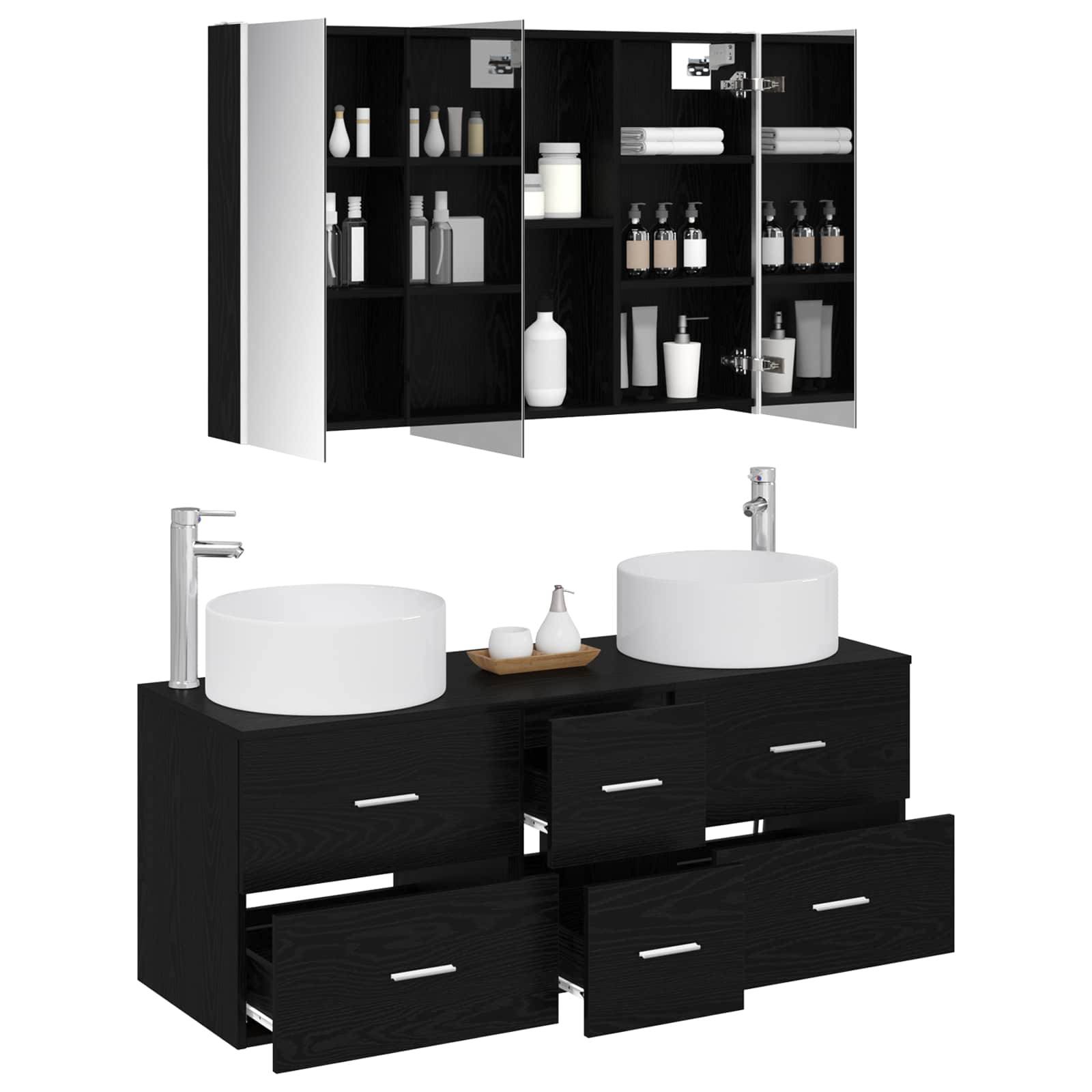 vidaXL Badezimmermöbel-Set 4 pcs Schwarze Eiche Ingenieurholz und Glas