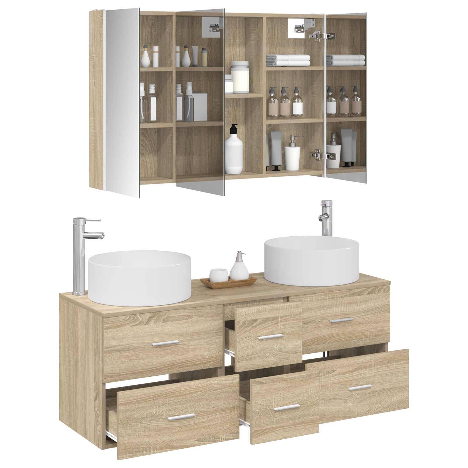 vidaXL Badezimmermöbel-Set 4 pcs Sonoma-Eiche Ingenieurholz und Glas