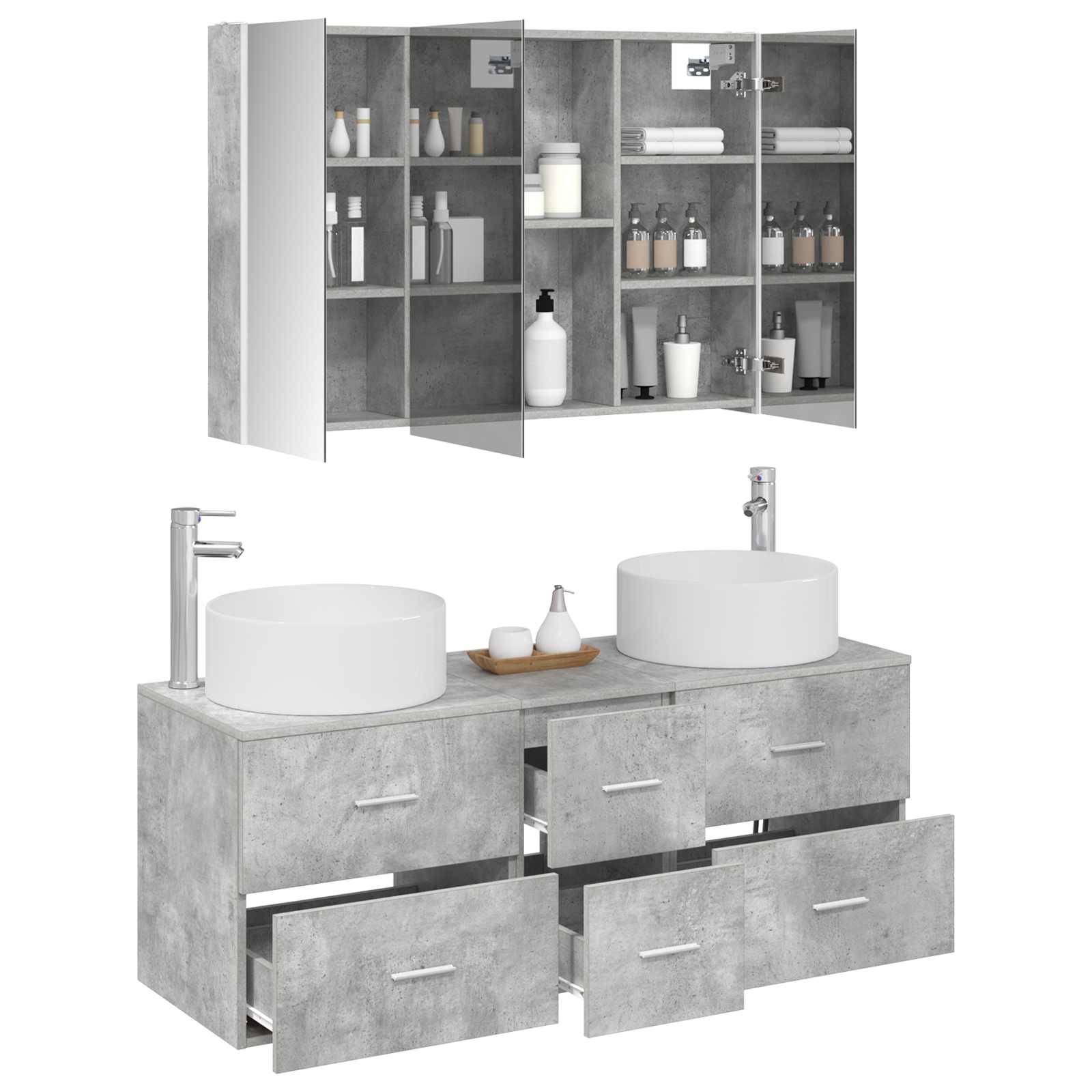 vidaXL Badezimmermöbel-Set 4 pcs Betongrau Ingenieurholz und Glas