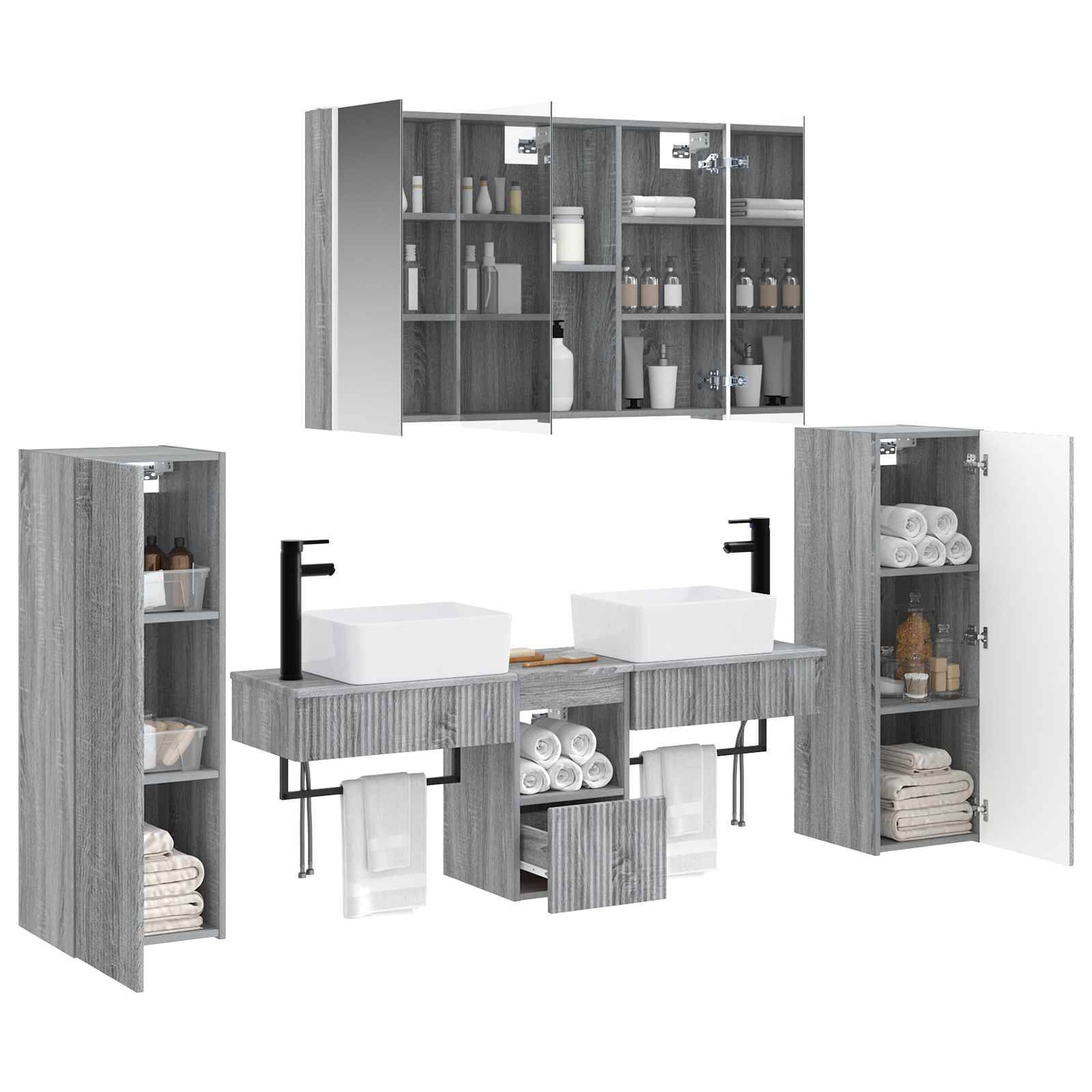 vidaXL Badezimmermöbel-Set 6 pcs Grau Sonoma Ingenieurholz und Glas