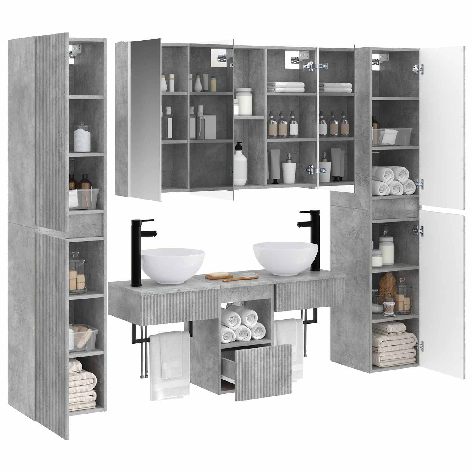 vidaXL Badezimmermöbel-Set 6 pcs Betongrau Ingenieurholz und Glas