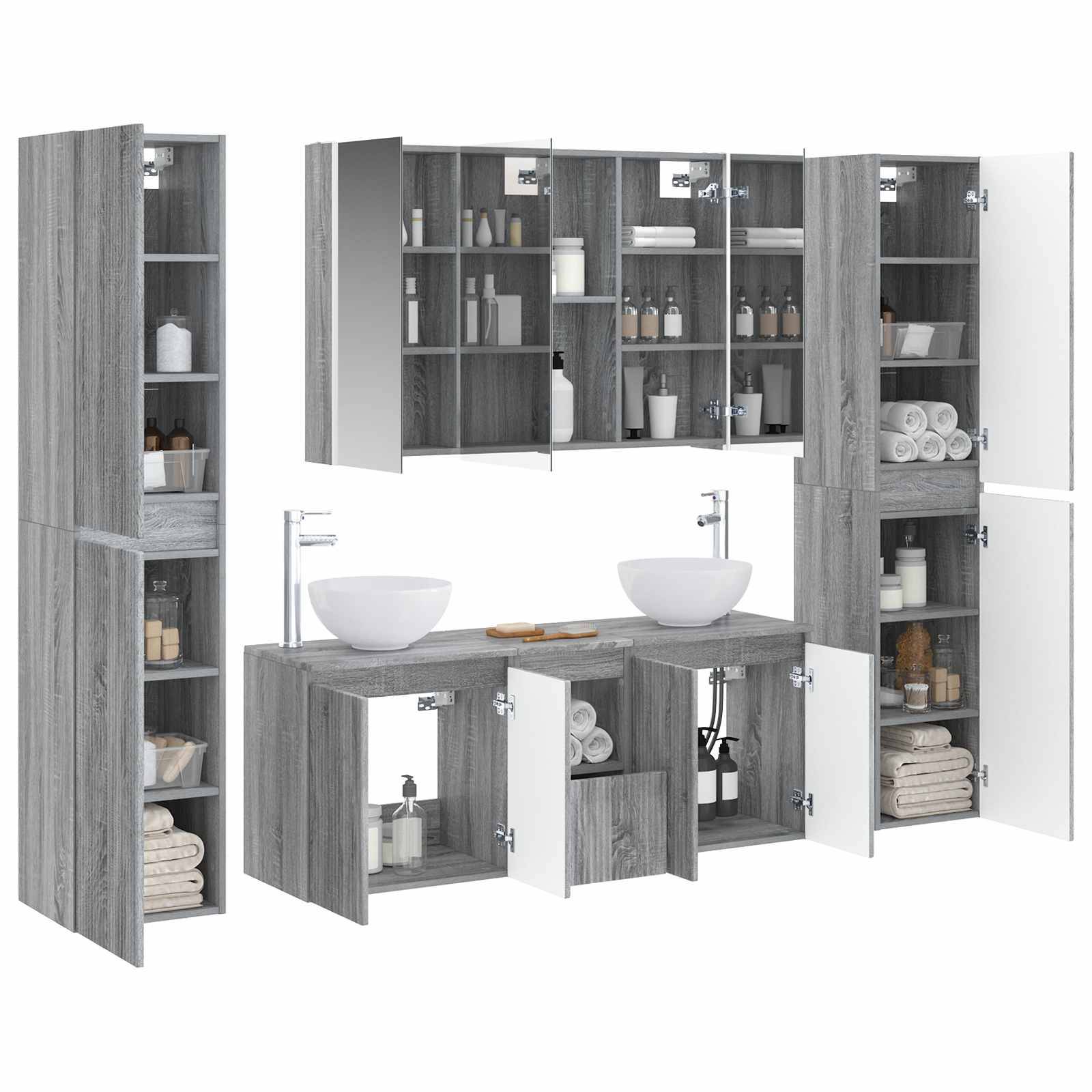 vidaXL Badezimmermöbel-Set 6 pcs Grau Sonoma Ingenieurholz und Glas
