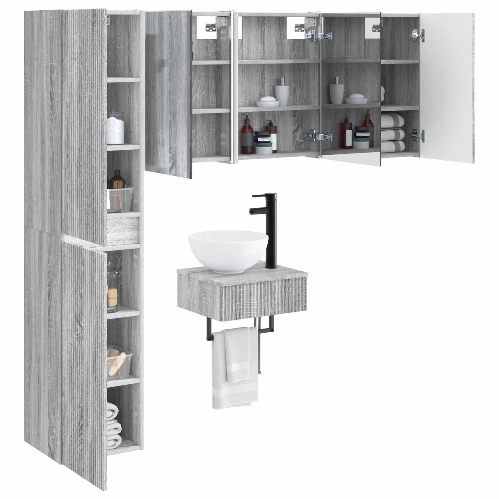 vidaXL Badezimmermöbel-Set 5 pcs Grau Sonoma Ingenieurholz und Glas