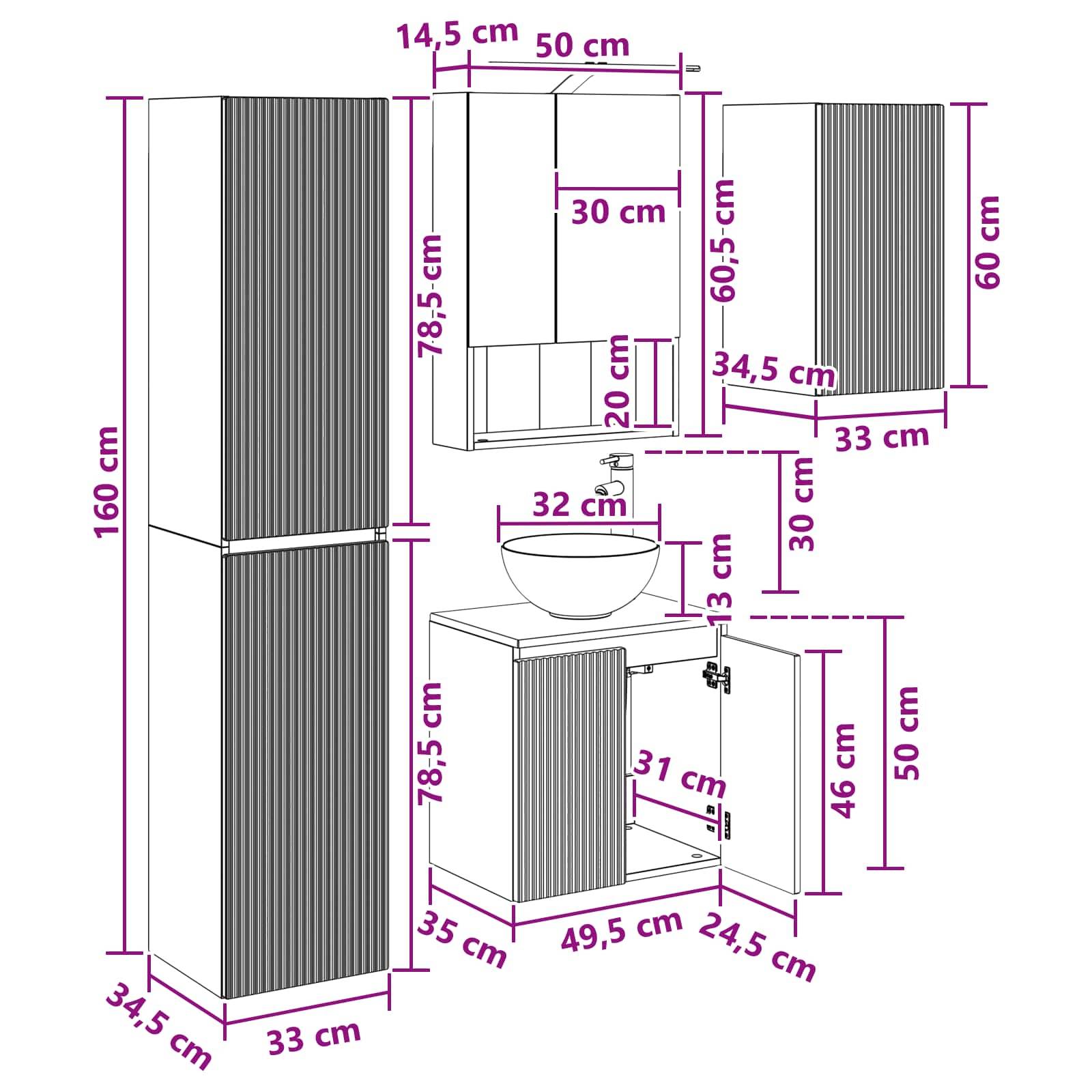 vidaXL Badezimmerschrank-Set 5 pcs Weiß 50 x 14,5 x 70 cm