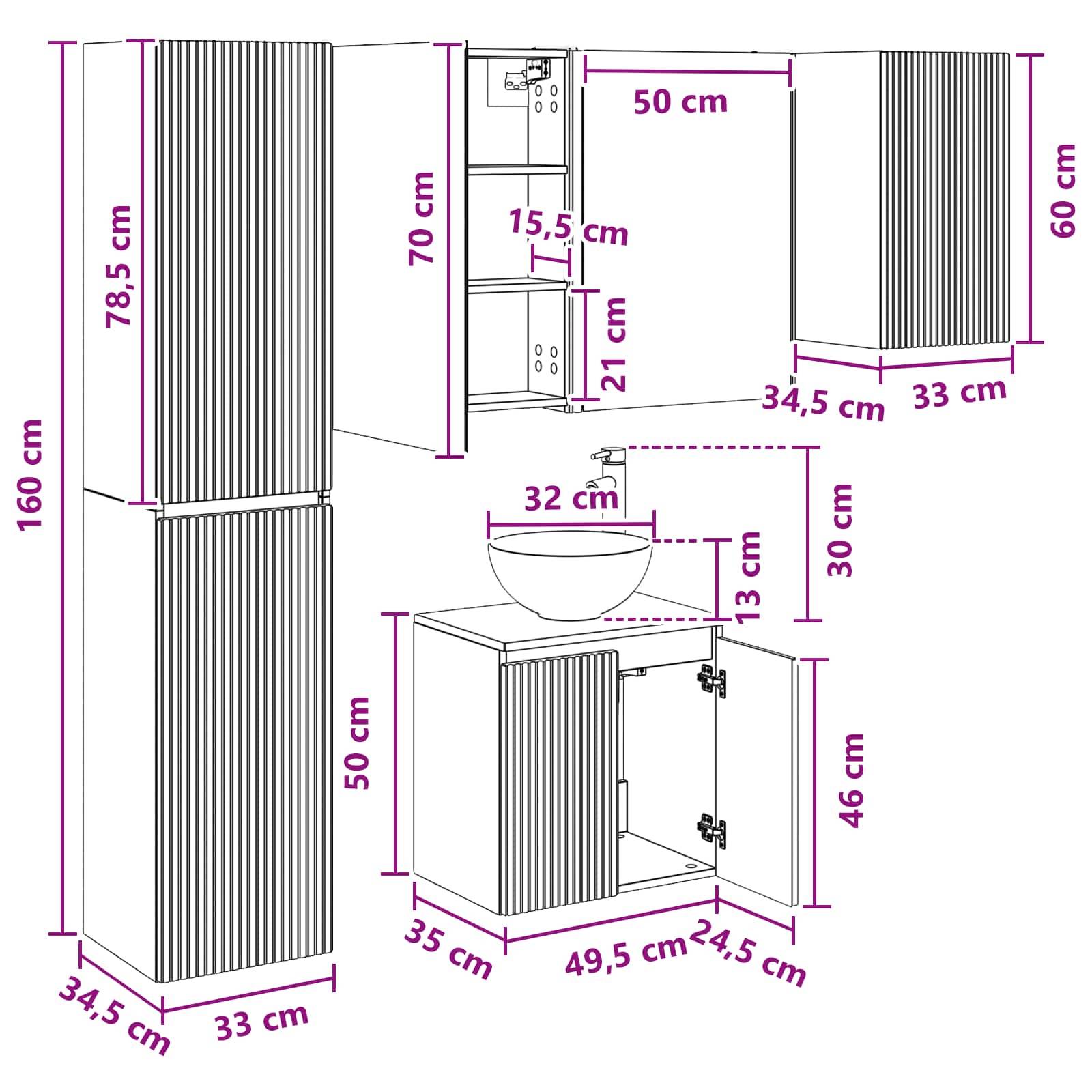 vidaXL Badezimmerschrank-Set 5 pcs Weiß 53 x 15,5 x 70 cm