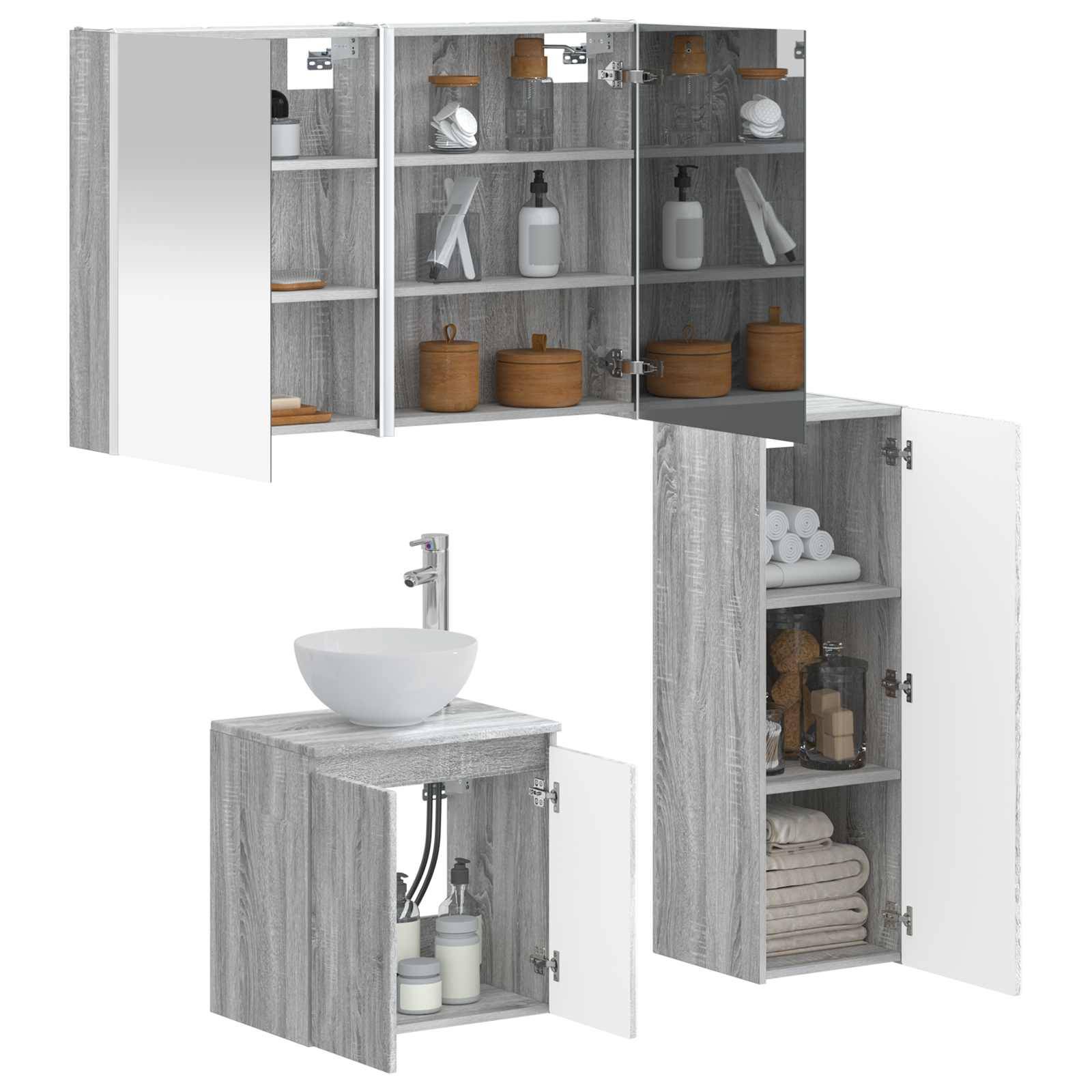 vidaXL Badezimmermöbel-Set 4 pcs Grau Sonoma Ingenieurholz und Glas
