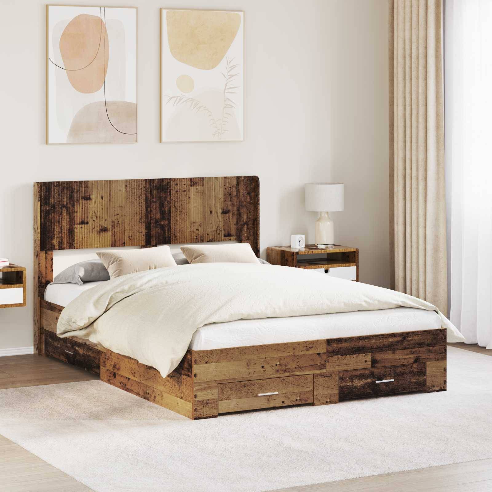 vidaXL Bettgestell mit Stauraum und Kopfteil Altholz 120 x 190 cm