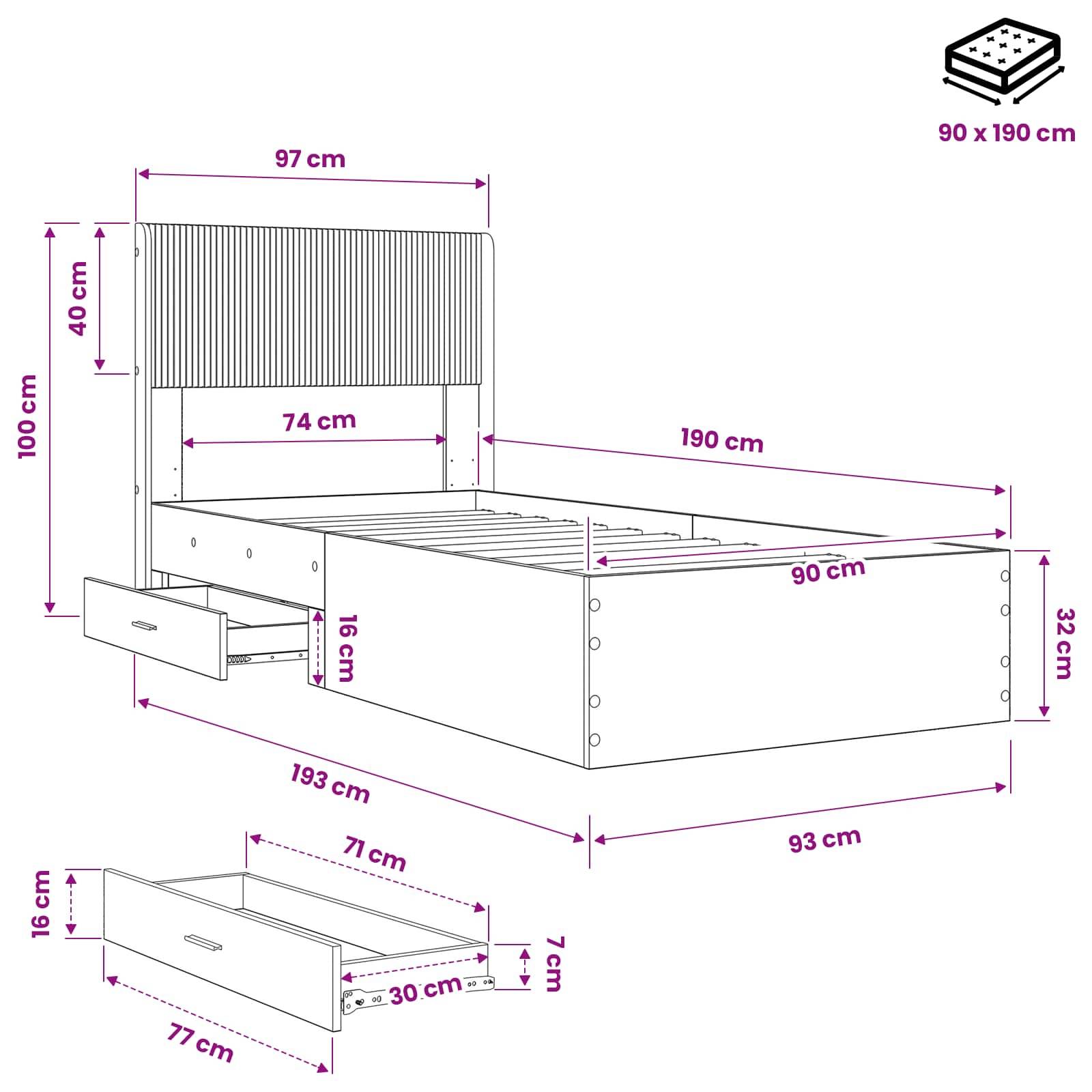 vidaXL Bettgestell mit Stauraum und Kopfteil Weiß 90 x 190 cm
