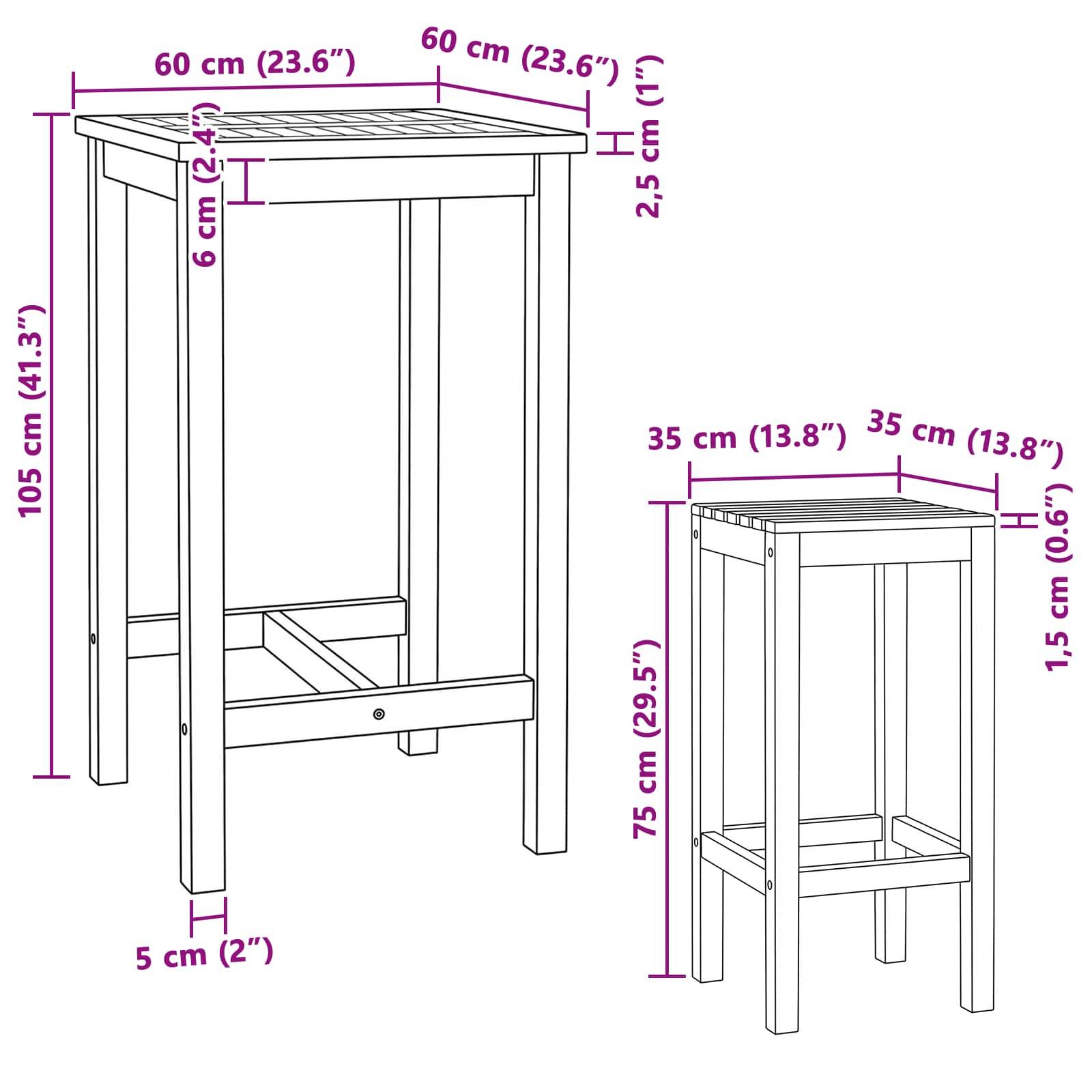 vidaXL Outdoor Bar Set 3 pcs Unbehandelt Massivholz Teak