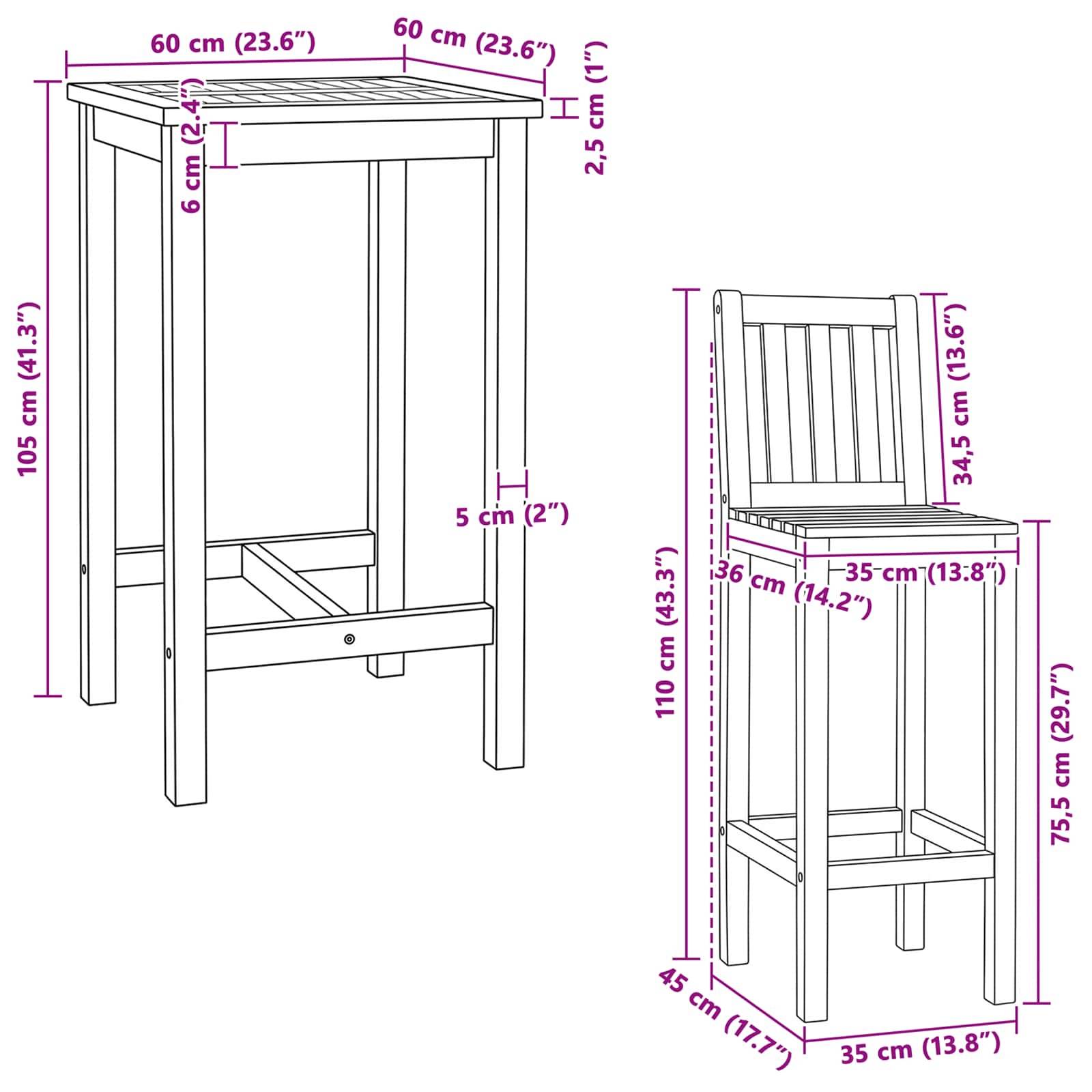 vidaXL Outdoor Bar Set 3 pcs Unbehandelt Massivholz Teak