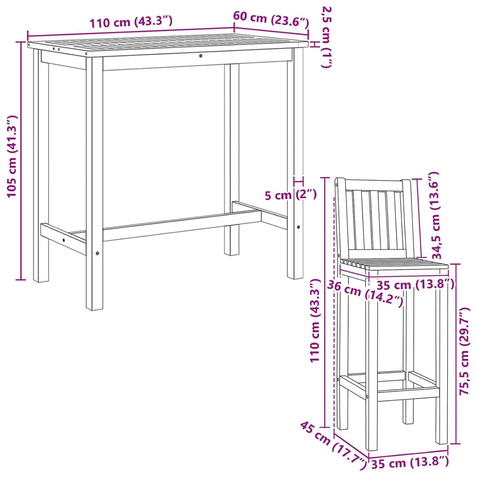 Maßstabgetreue Zeichnung eines Bartisches und eines passenden Barhockers, wobei der Tisch 110 x 60 x 105 cm und der Hocker 35 x 45 x 110 cm misst, mit einer Sitzhöhe von 75,5 cm.