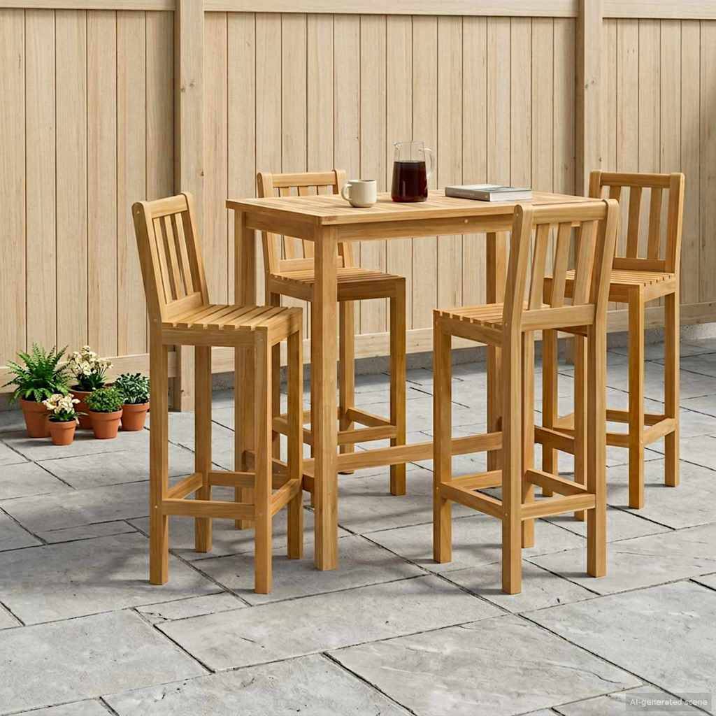 Holzbar-Tisch für die Terrasse mit vier hohen Hockern auf einer Steinterrasse, mit einer Tasse, einem Krug und einem kleinen Buch oben darauf.