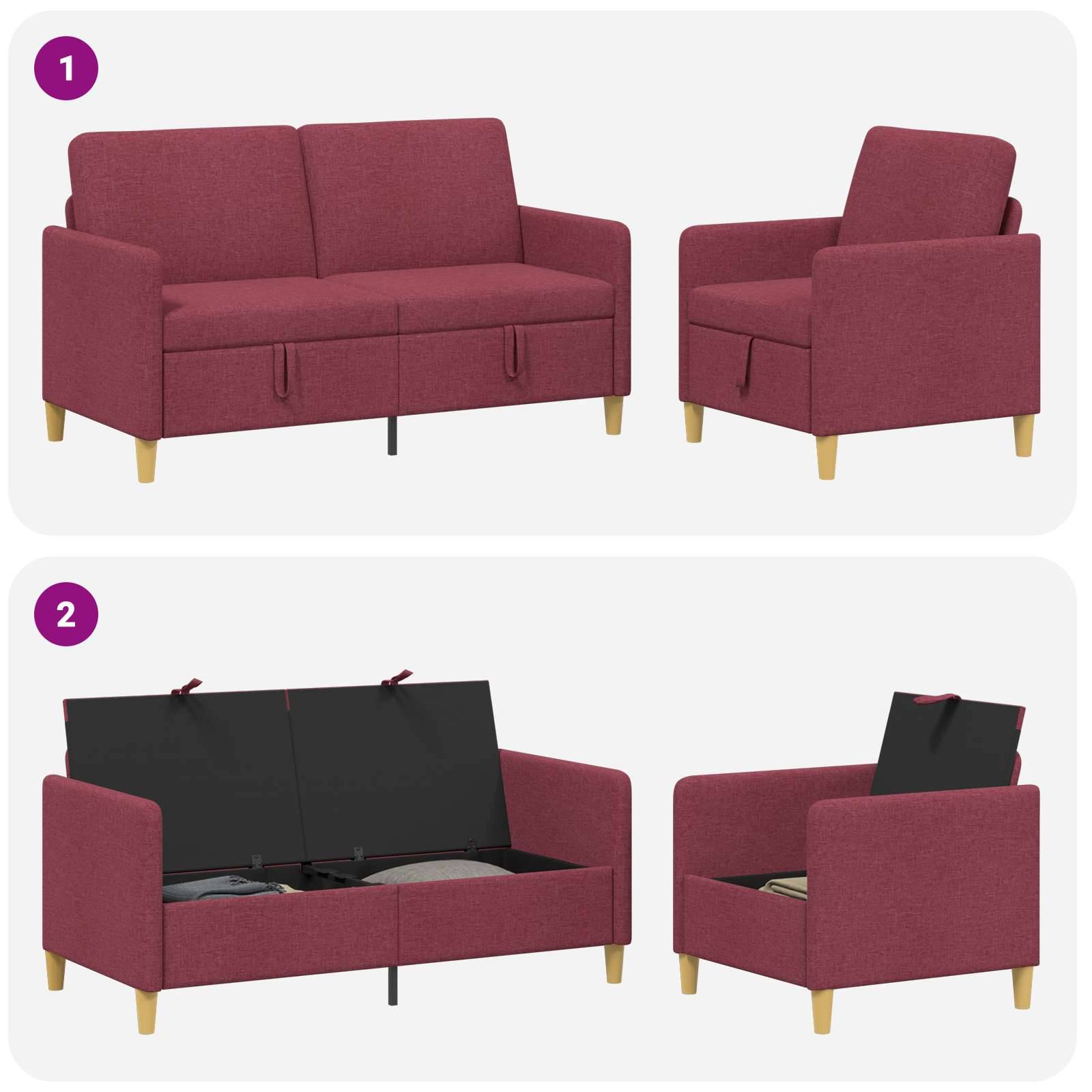 vidaXL Sofa Set mit Stauraum 2 pcs Weinrot Polyester