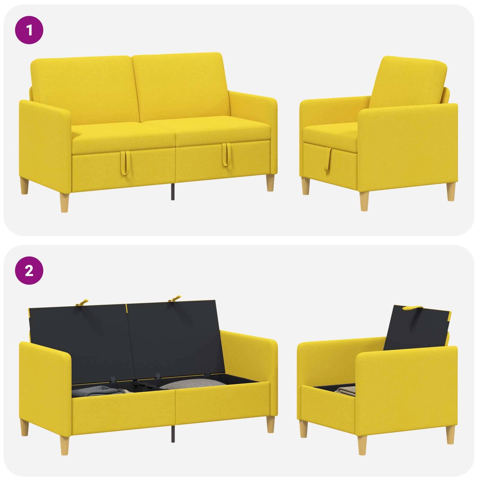 vidaXL Sofa Set mit Stauraum 2 pcs Helles Gelb Polyester