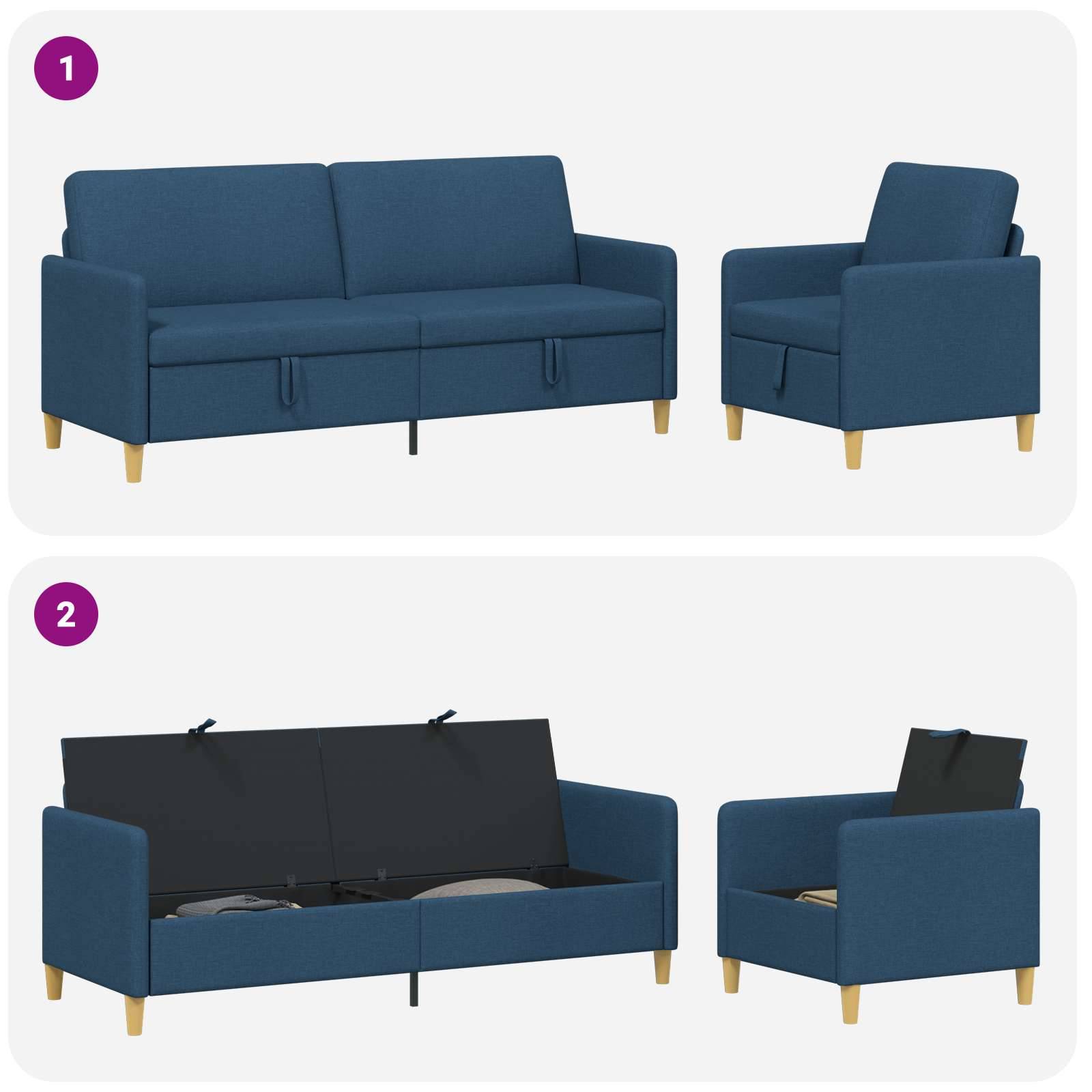 vidaXL Sofa Set mit Stauraum 2 pcs Blau Polyester