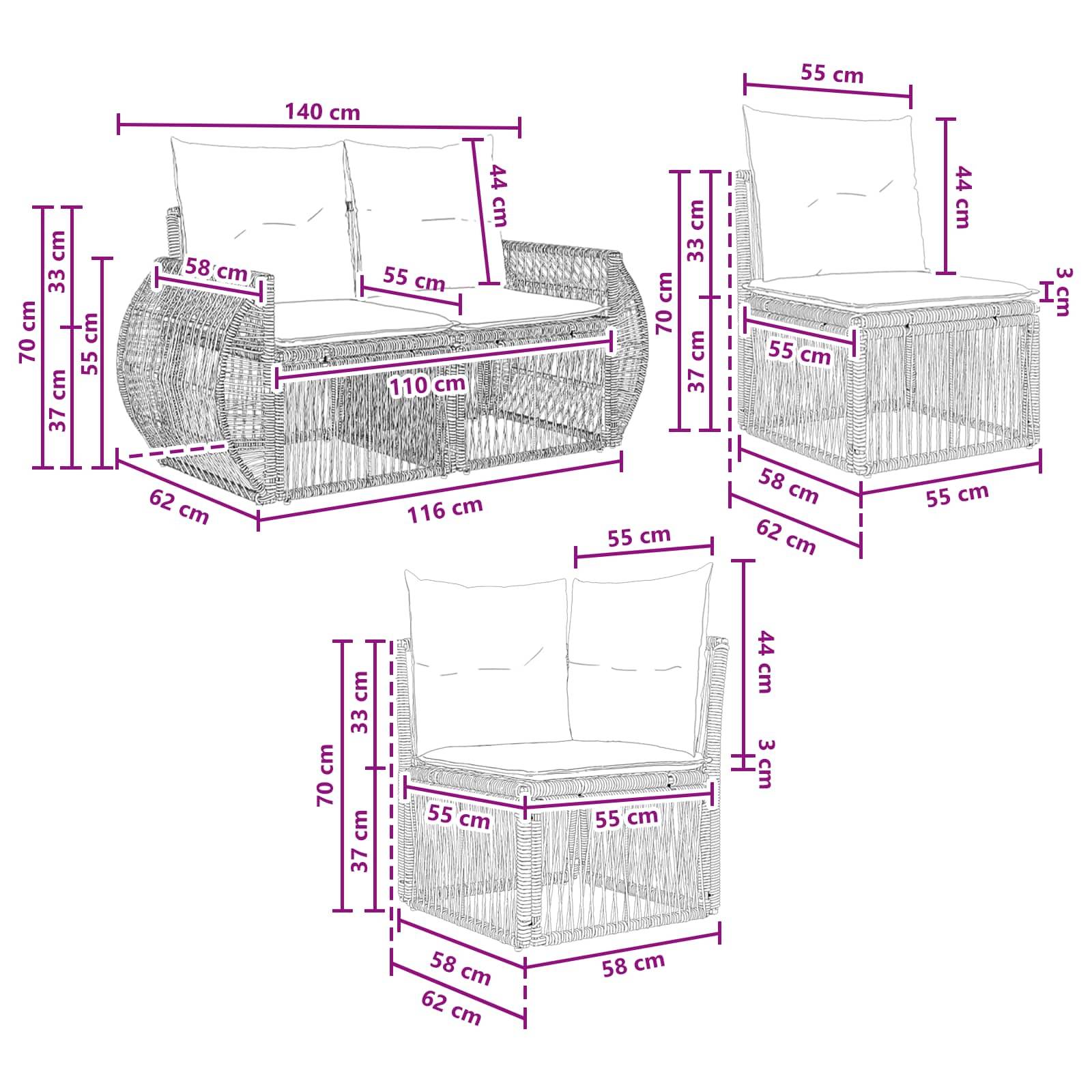 vidaXL Gartensofa-set 10 pcs Schwarz und Cremeweiß Poly-Rattan