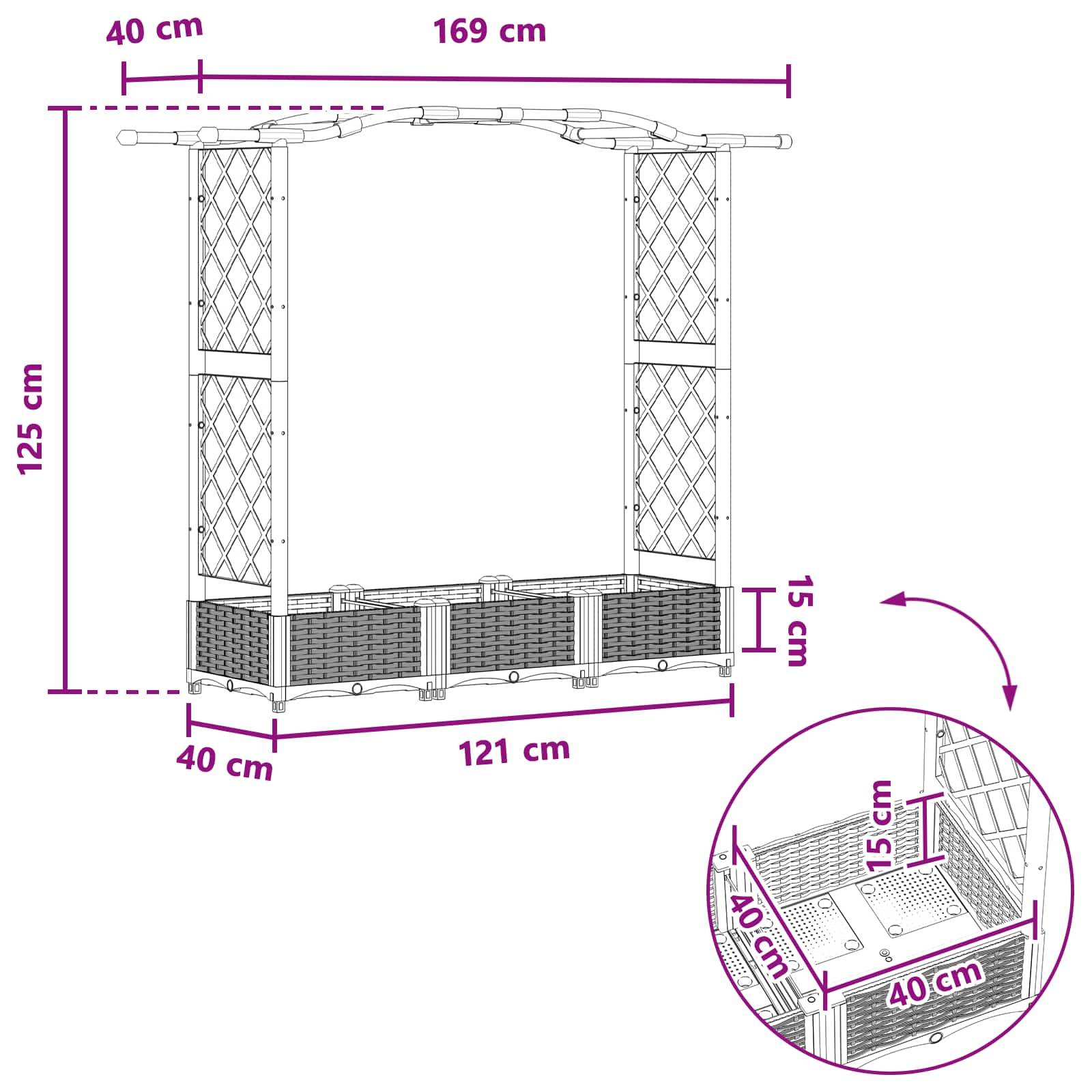 vidaXL Hochbeet mit Rankgitter und Dach Braun 169 x 40 x 125 cm PP