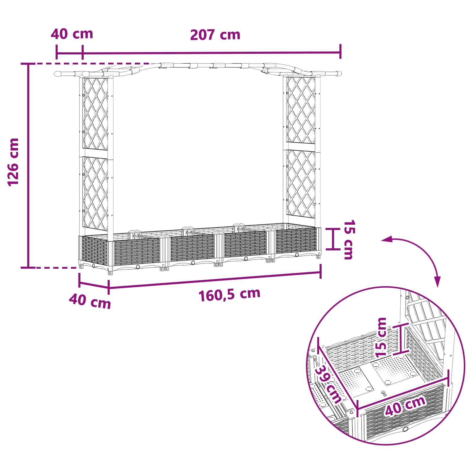 vidaXL Hochbeet mit Rankgitter und Dach Braun 207 x 40 x 126 cm PP