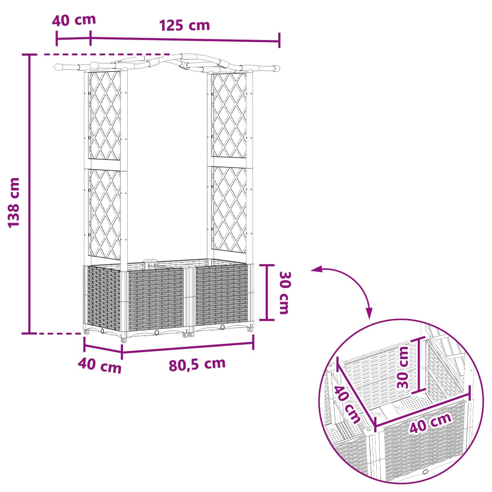 vidaXL Hochbeet mit Rankgitter und Dach Hellgrau 125 x 40 x 138 cm PP