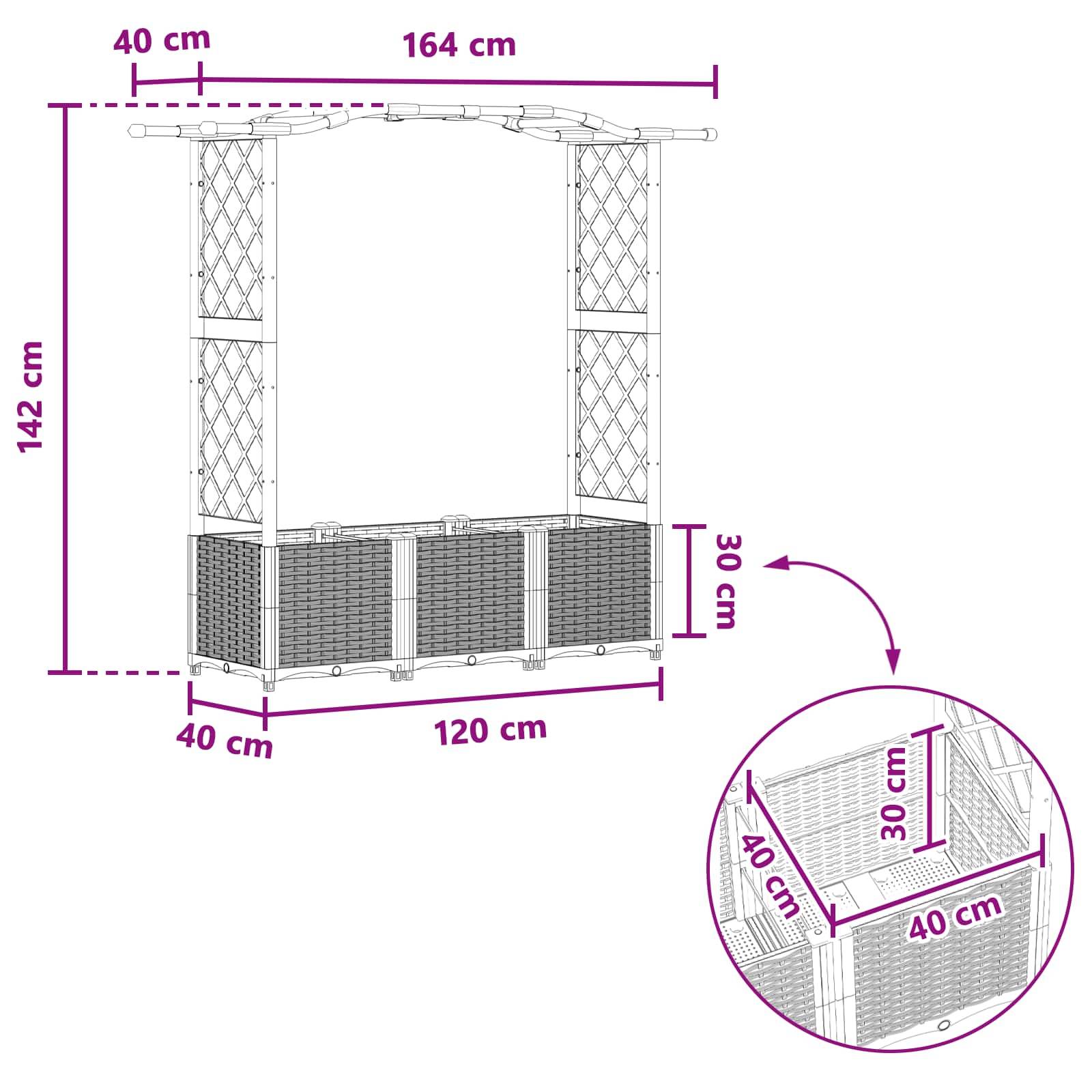vidaXL Hochbeet mit Rankgitter und Dach Grau 164 x 40 x 142 cm PP