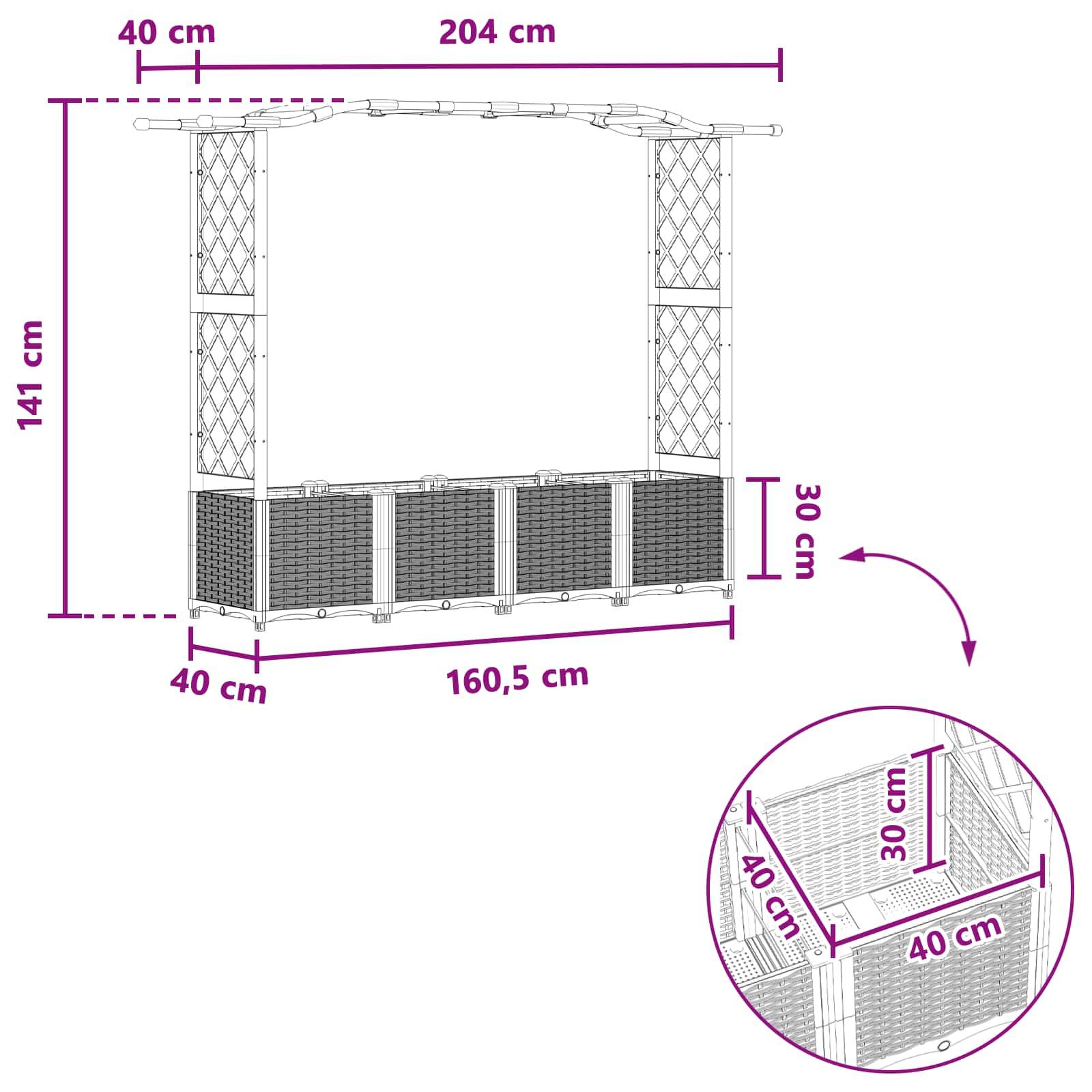 vidaXL Hochbeet mit Rankgitter und Dach Grau 204 x 40 x 141 cm PP