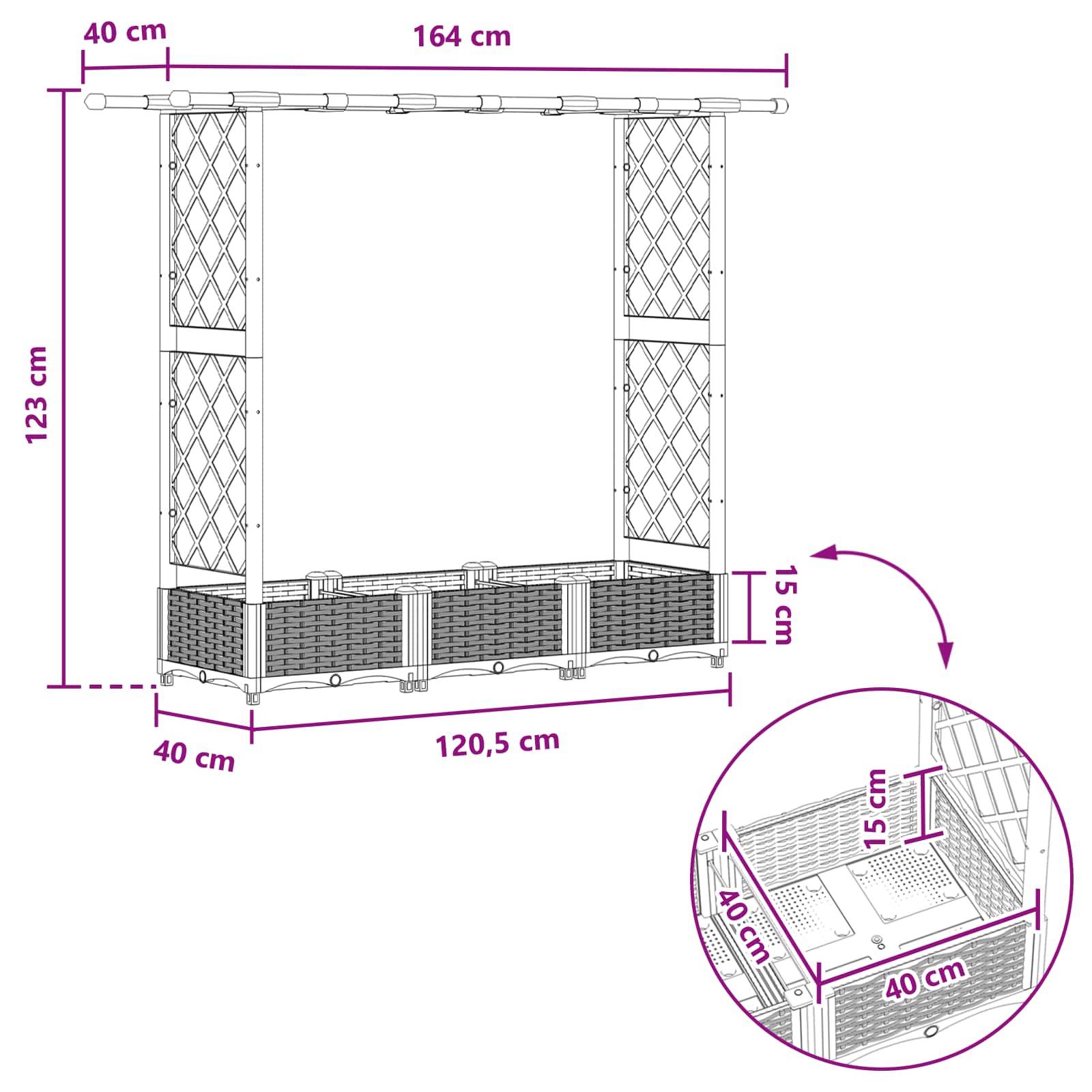 vidaXL Hochbeet mit Rankgitter und Dach Grau 164 x 40 x 123 cm PP