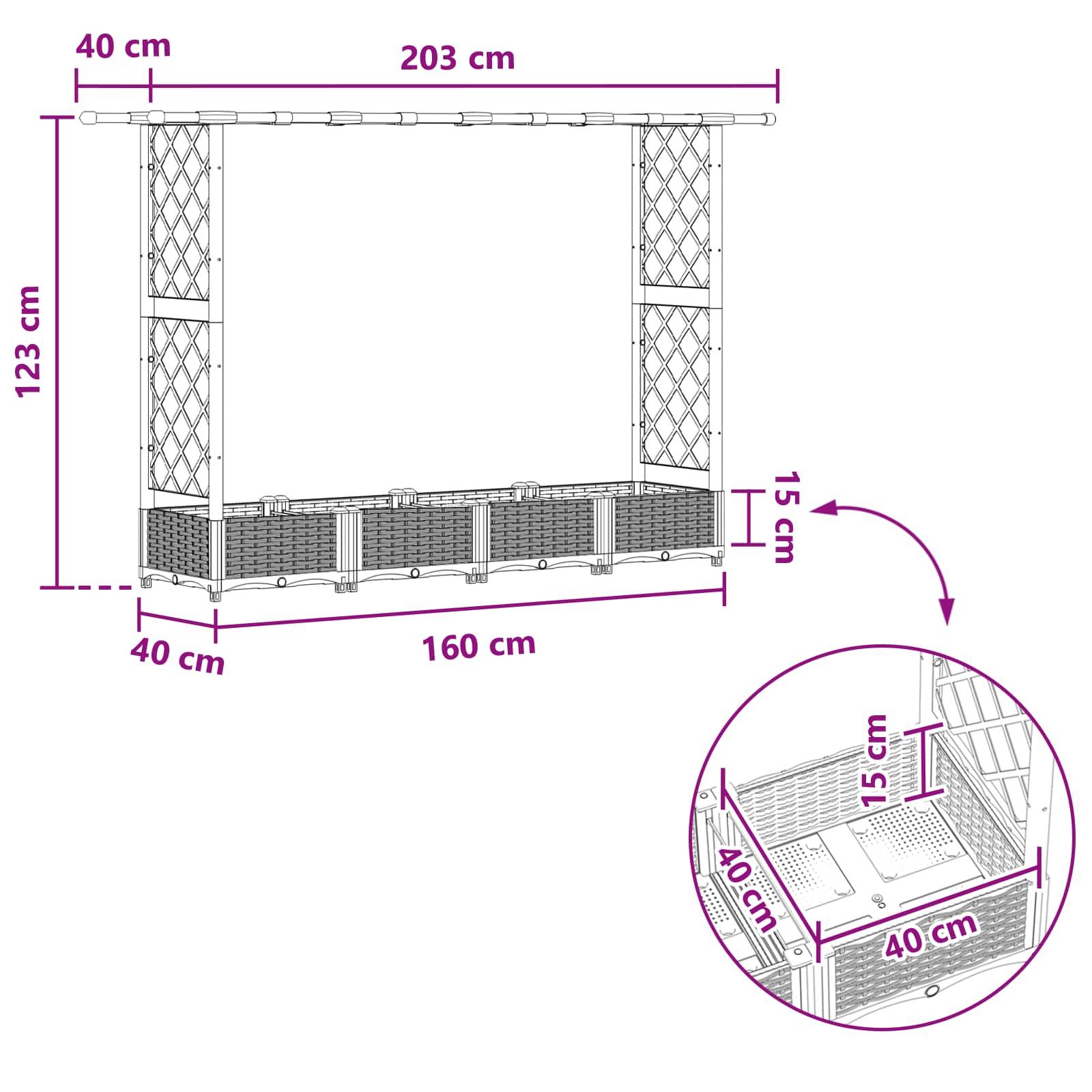 vidaXL Hochbeet mit Rankgitter und Dach Grau 203 x 40 x 123 cm PP