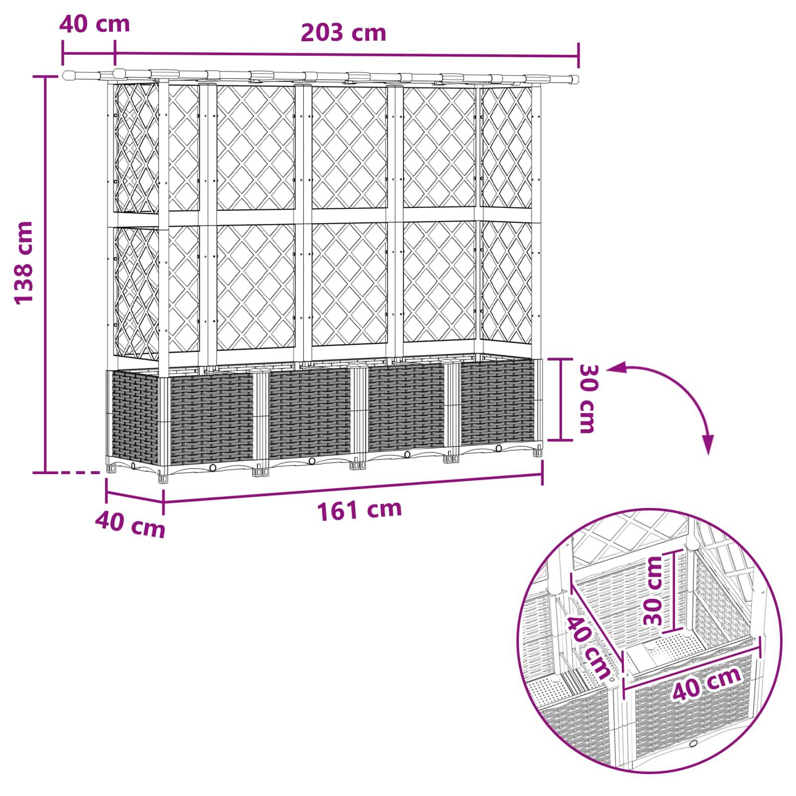 vidaXL Hochbeet mit Rankgitter und Dach Braun 203 x 40 x 138 cm PP